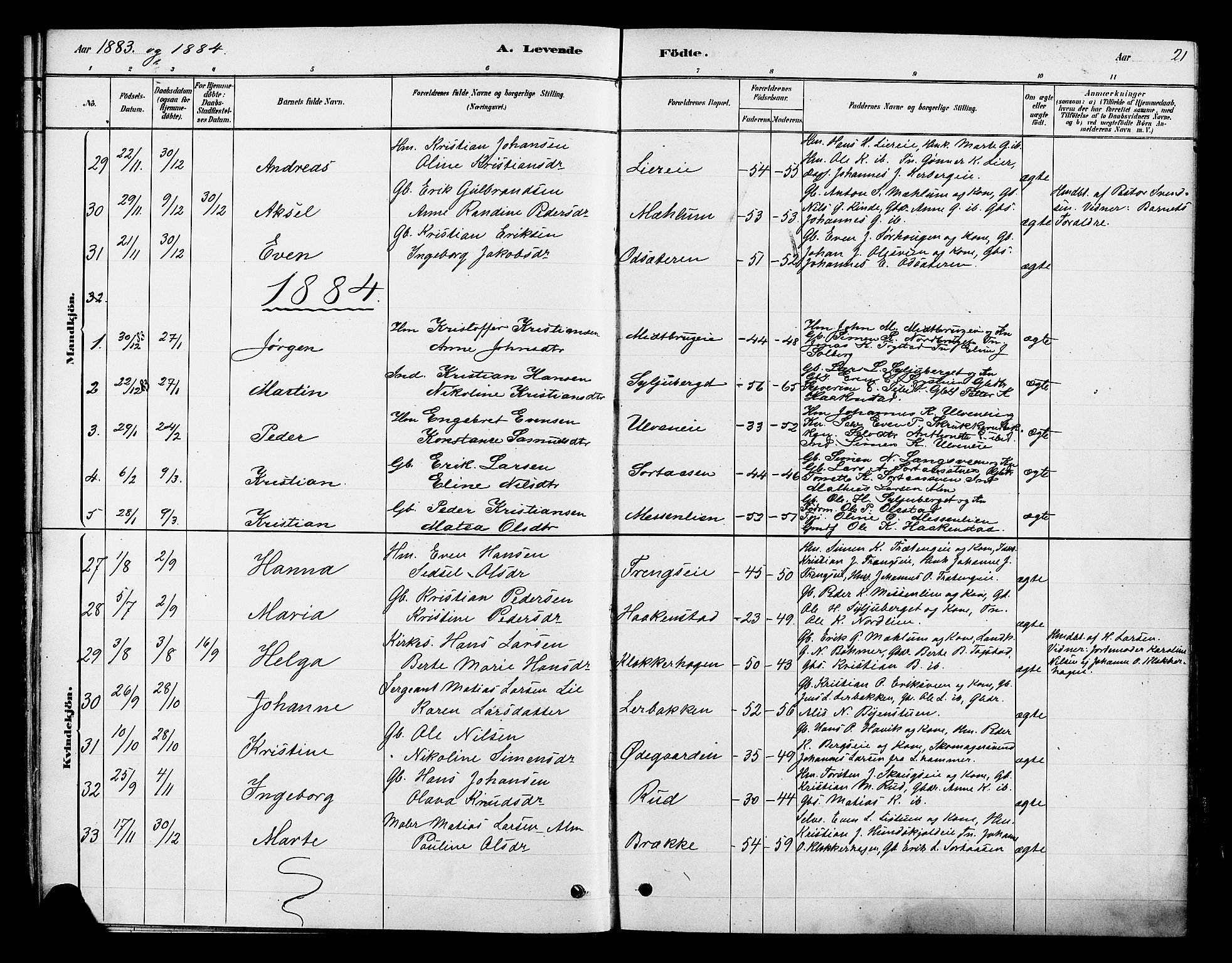 Ringsaker prestekontor, AV/SAH-PREST-014/K/Ka/L0013: Parish register (official) no. 13, 1879-1890, p. 21