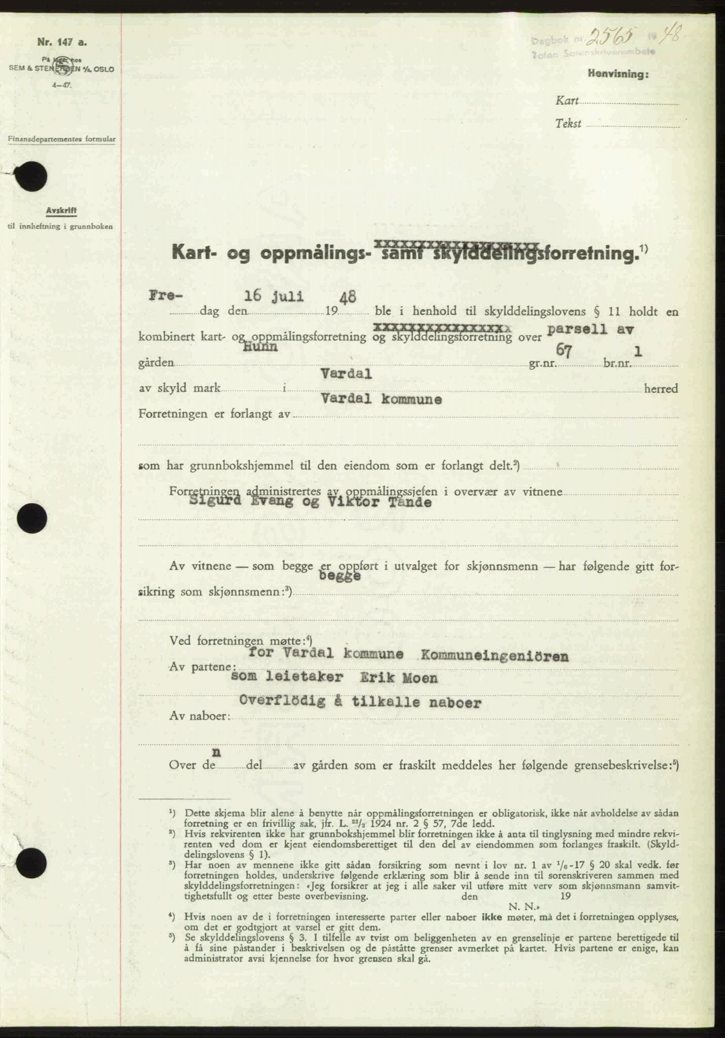 Toten tingrett, SAH/TING-006/H/Hb/Hbc/L0020: Mortgage book no. Hbc-20, 1948-1948, Diary no: : 2565/1948