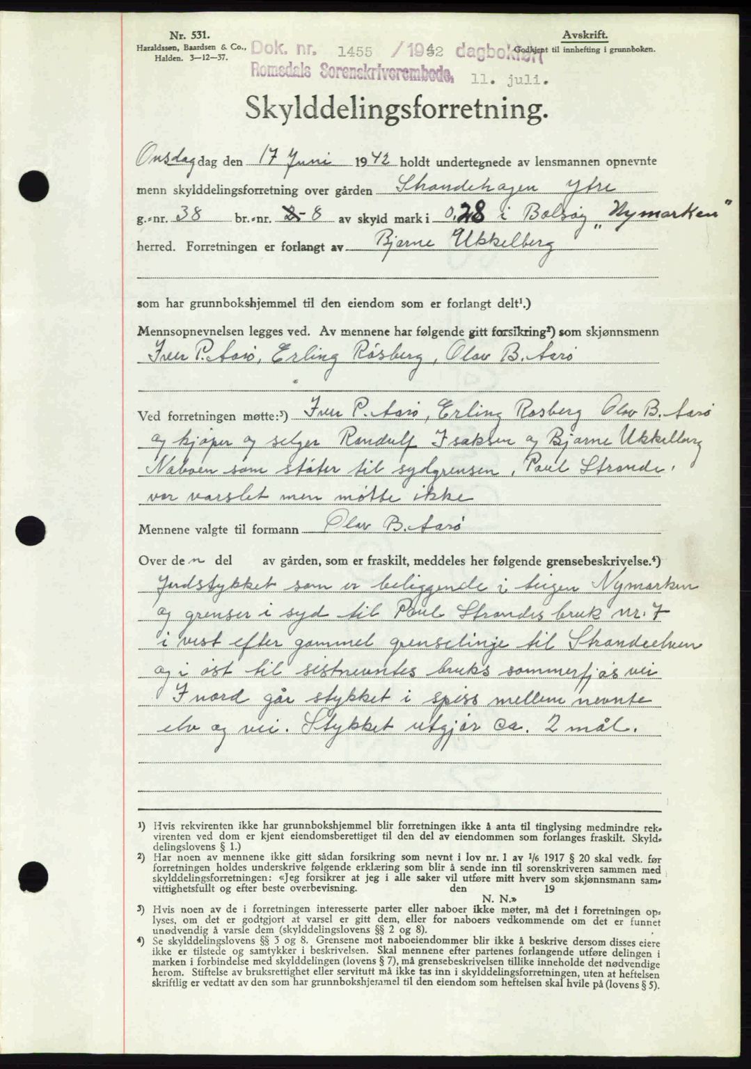 Romsdal sorenskriveri, AV/SAT-A-4149/1/2/2C: Mortgage book no. A12, 1942-1942, Diary no: : 1455/1942