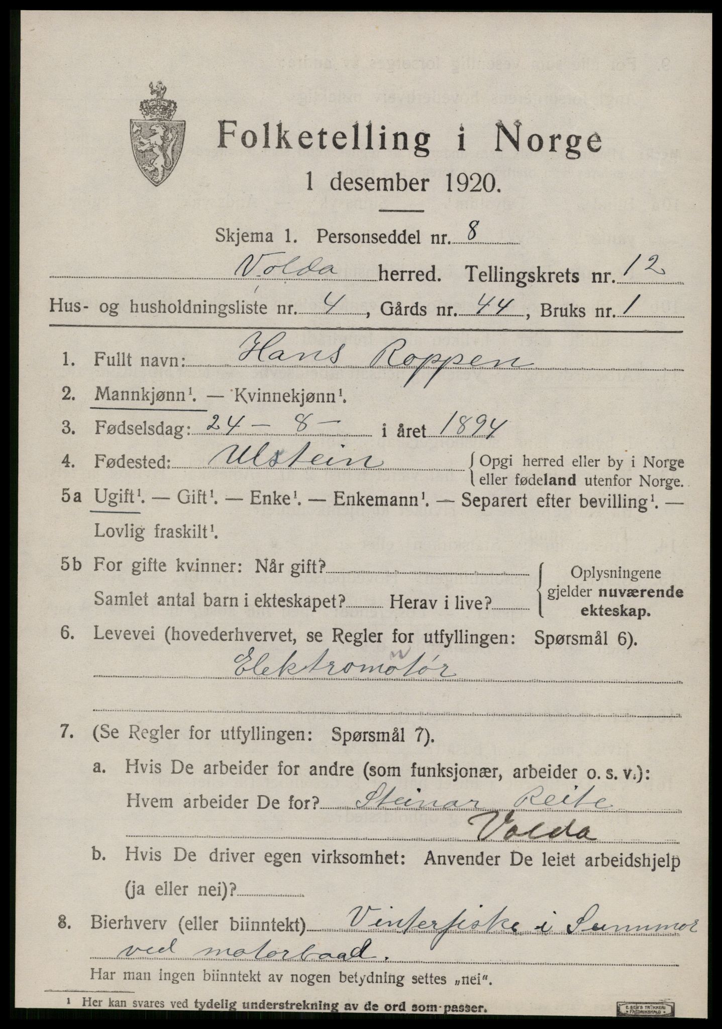 SAT, 1920 census for Volda, 1920, p. 8352