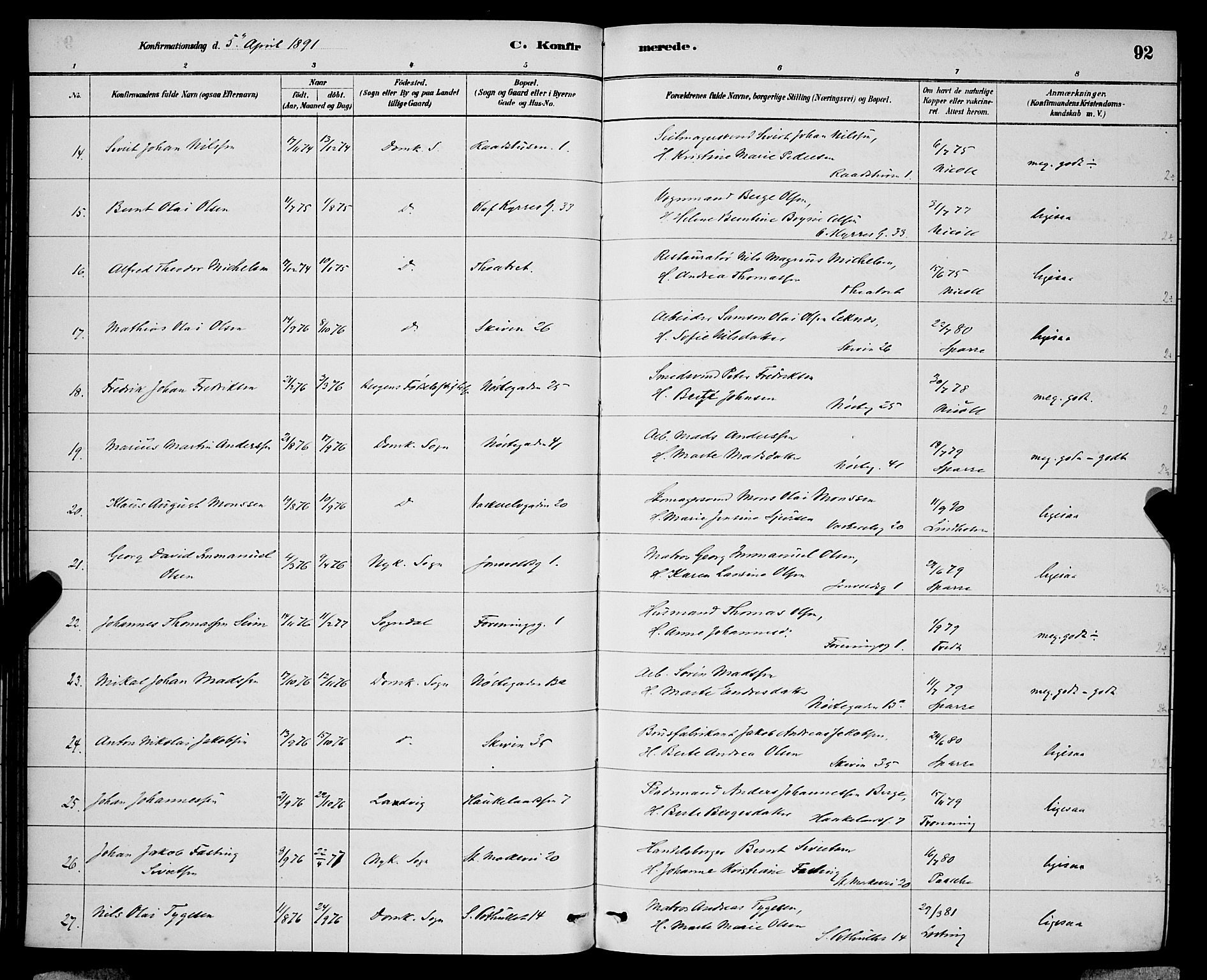 Domkirken sokneprestembete, AV/SAB-A-74801/H/Hab/L0024: Parish register (copy) no. C 4, 1880-1899, p. 92