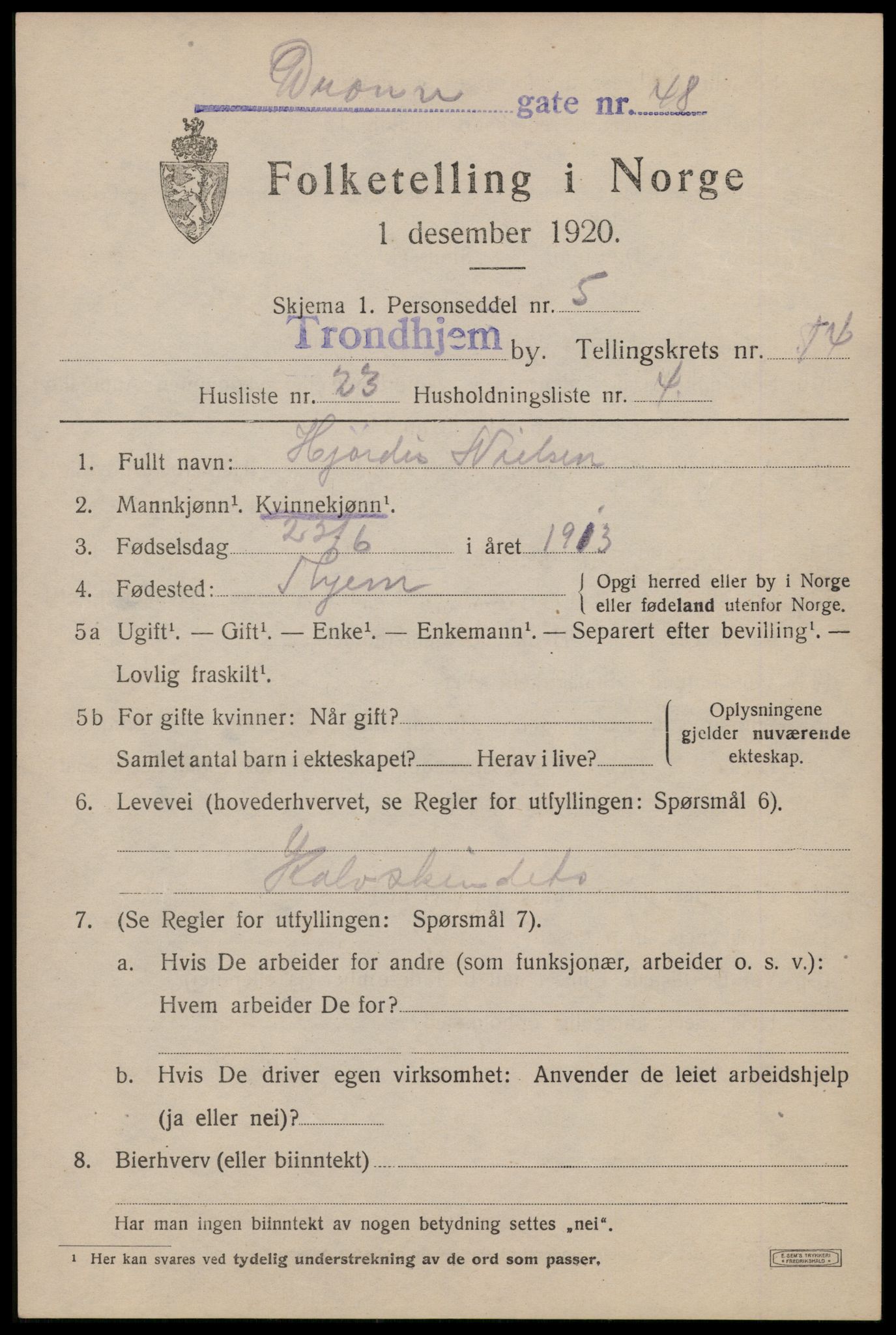 SAT, 1920 census for Trondheim, 1920, p. 51808