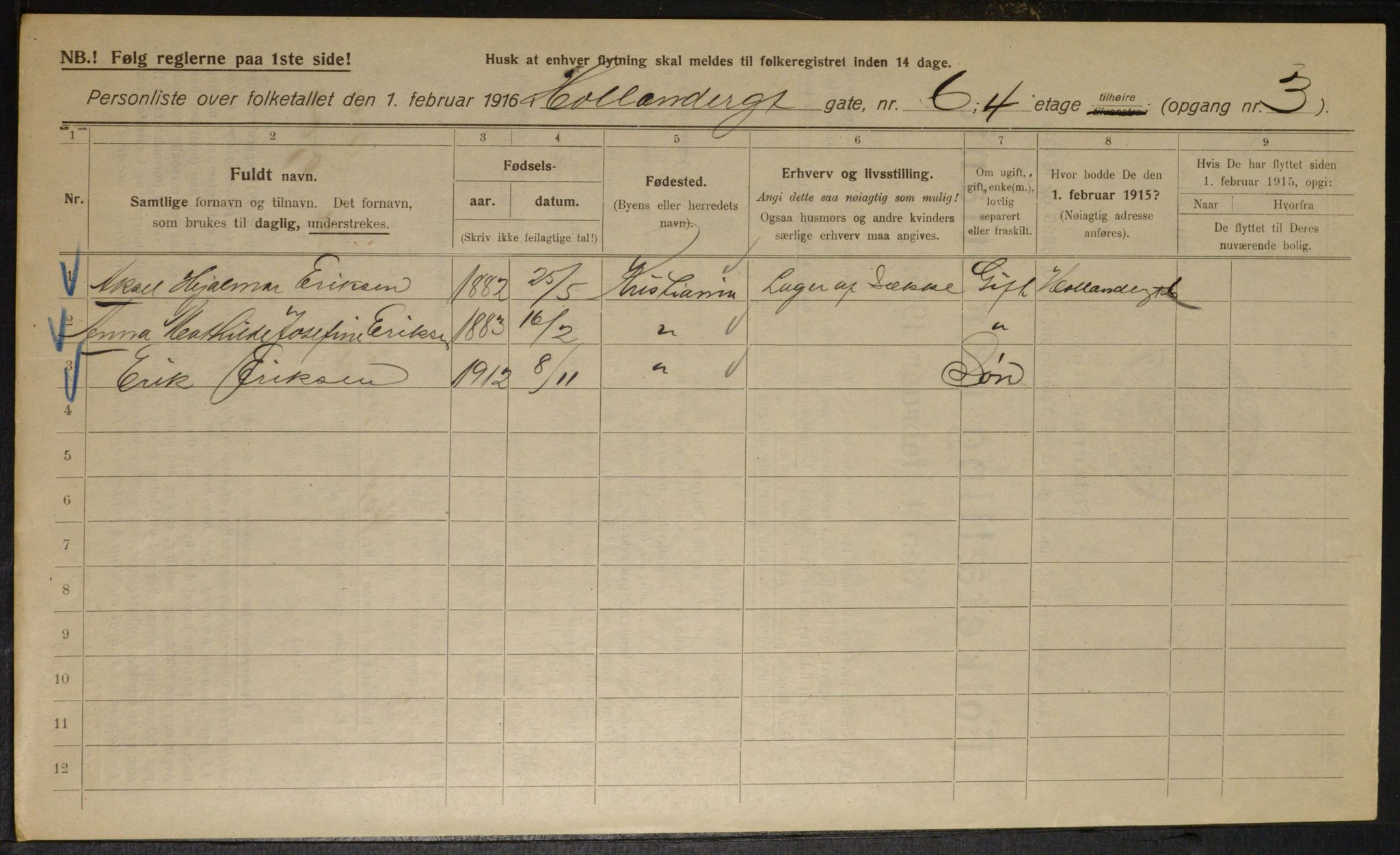 OBA, Municipal Census 1916 for Kristiania, 1916, p. 41419