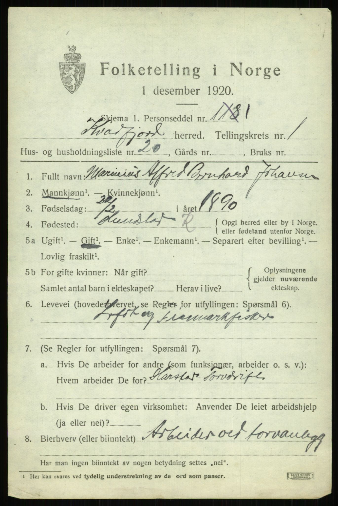 SATØ, 1920 census for Kvæfjord, 1920, p. 1411