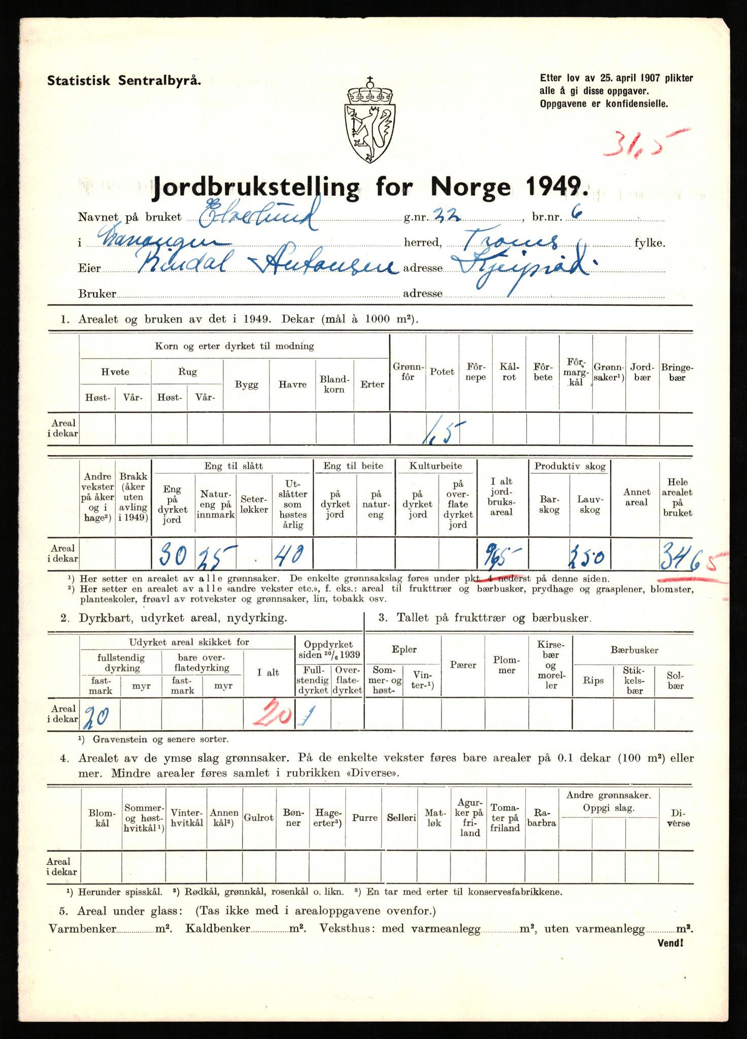 Statistisk sentralbyrå, Næringsøkonomiske emner, Jordbruk, skogbruk, jakt, fiske og fangst, AV/RA-S-2234/G/Gc/L0437: Troms: Gratangen og Lavangen, 1949, p. 584