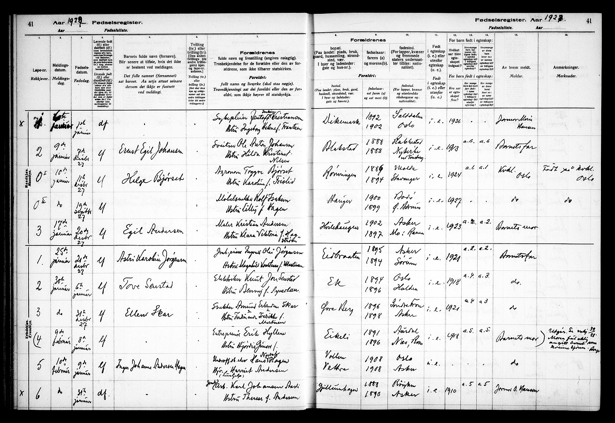 Asker prestekontor Kirkebøker, SAO/A-10256a/J/L0002: Birth register no. 2, 1925-1938, p. 41