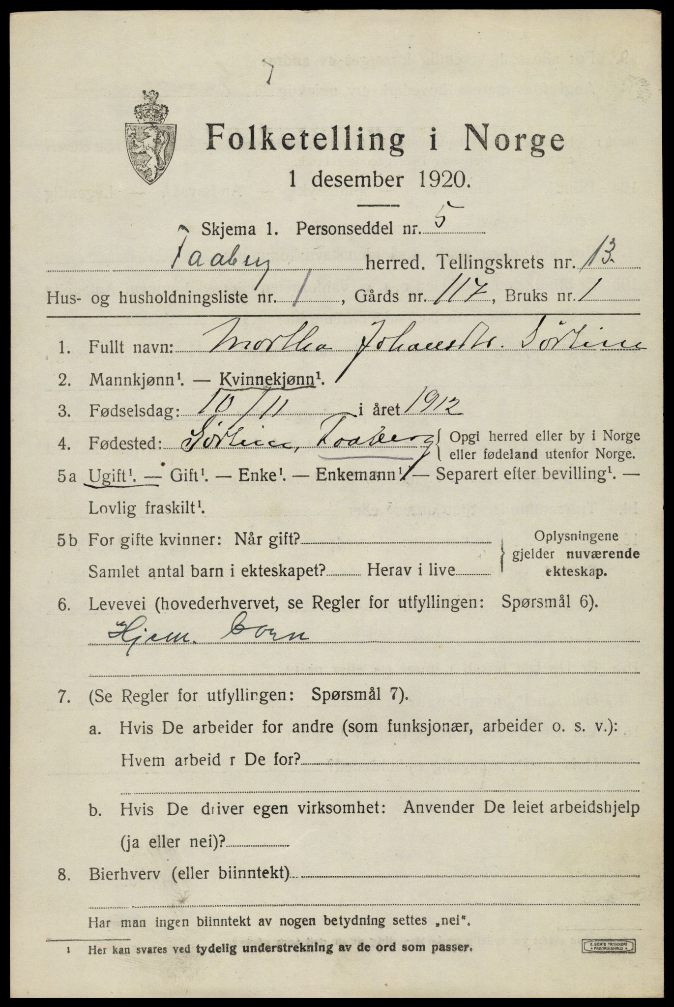 SAH, 1920 census for Fåberg, 1920, p. 13878