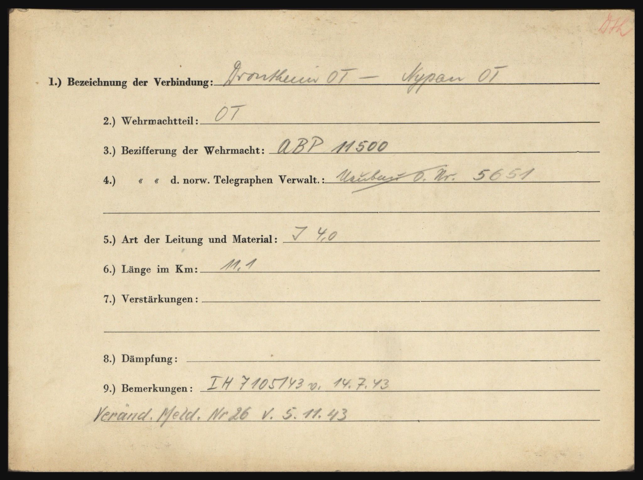 Tyske arkiver, Organisation Todt (OT), Einsatzgruppe Wiking, RA/RAFA-2188/1/O/O12/L0003: Kartotek over tyske telefon- og fjernskriverlinjer i Norge, 1940-1945, p. 40