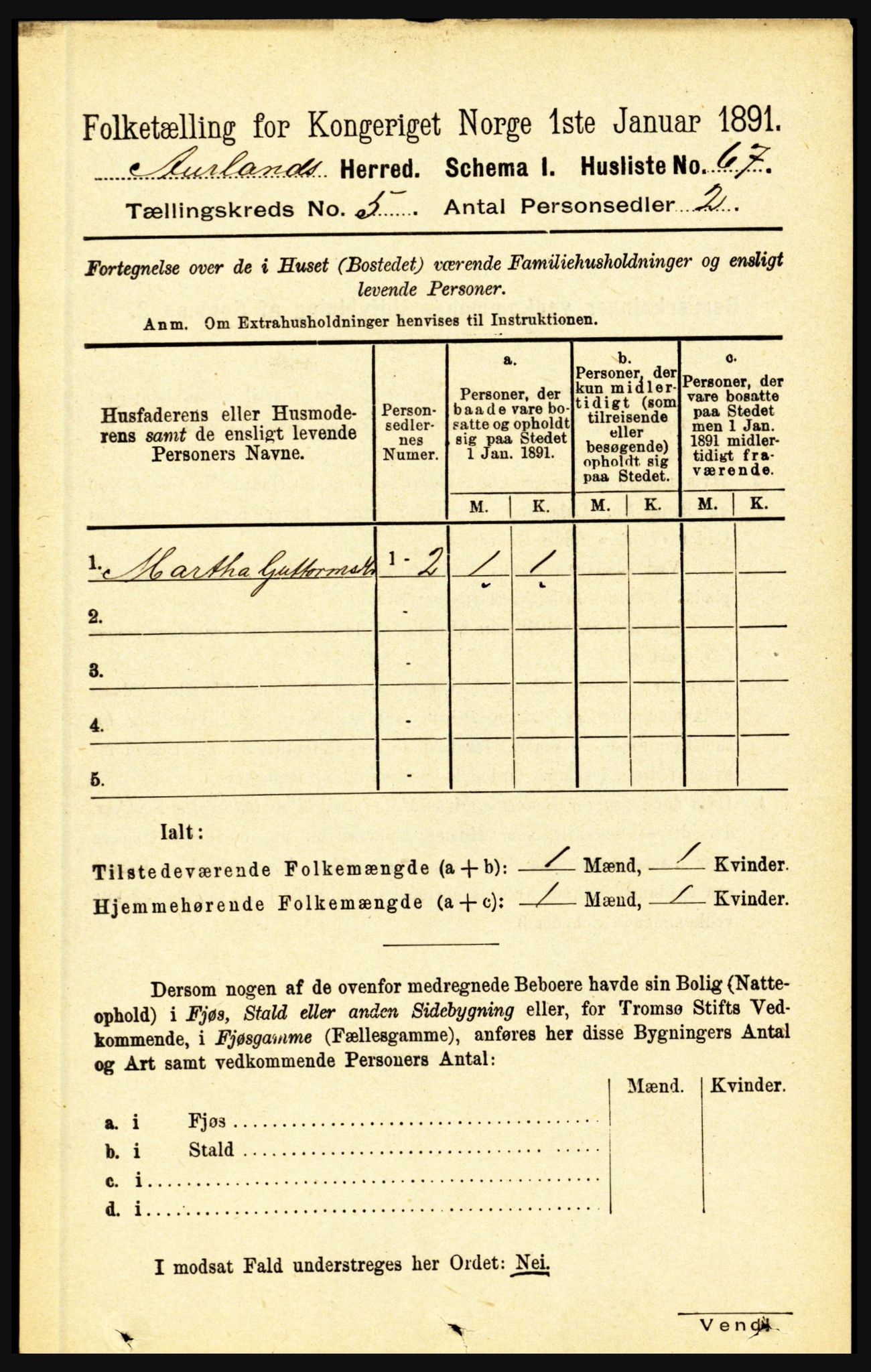 RA, 1891 census for 1421 Aurland, 1891, p. 1775