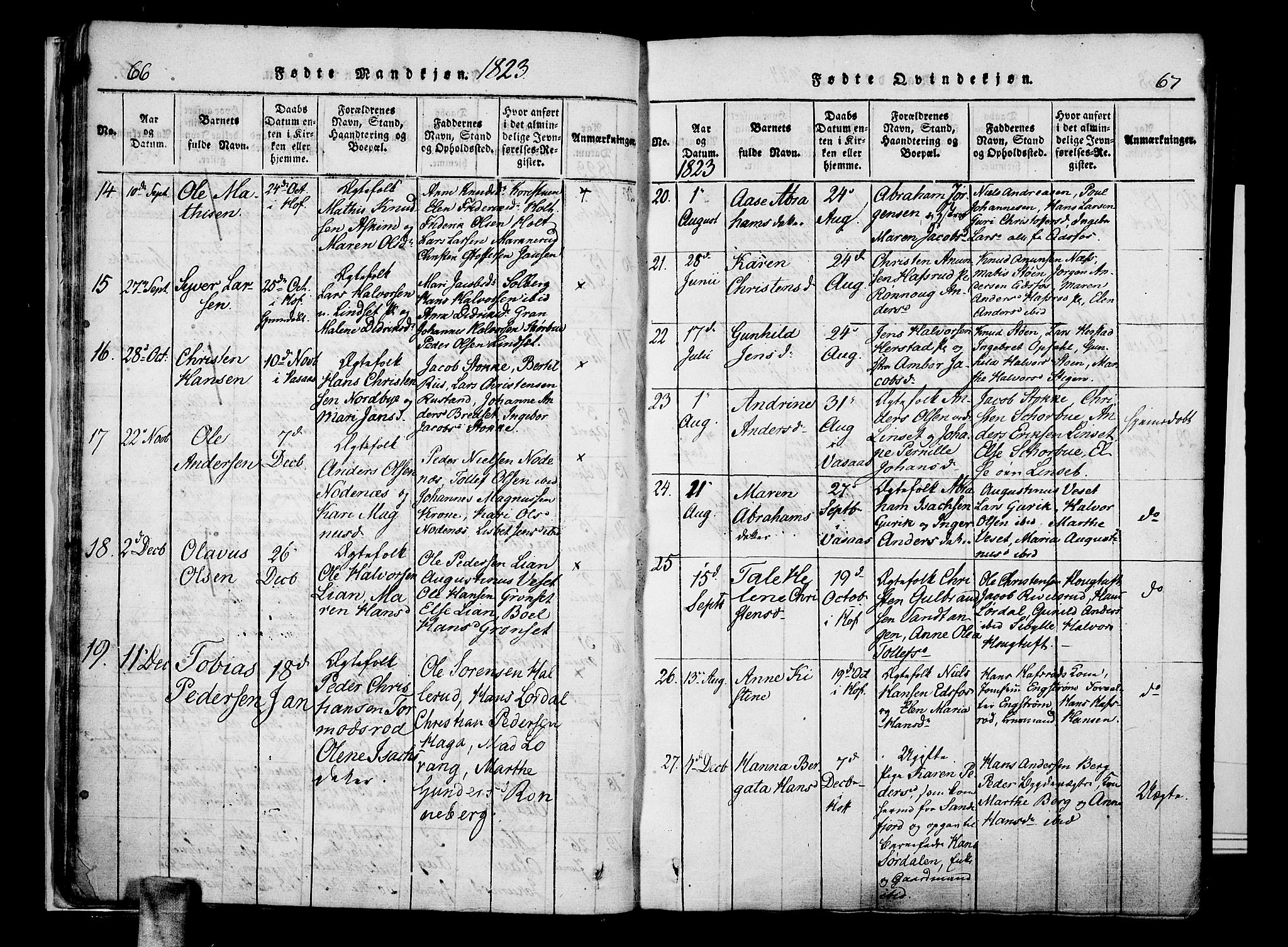 Hof kirkebøker, AV/SAKO-A-64/F/Fa/L0004: Parish register (official) no. I 4, 1814-1843, p. 66-67