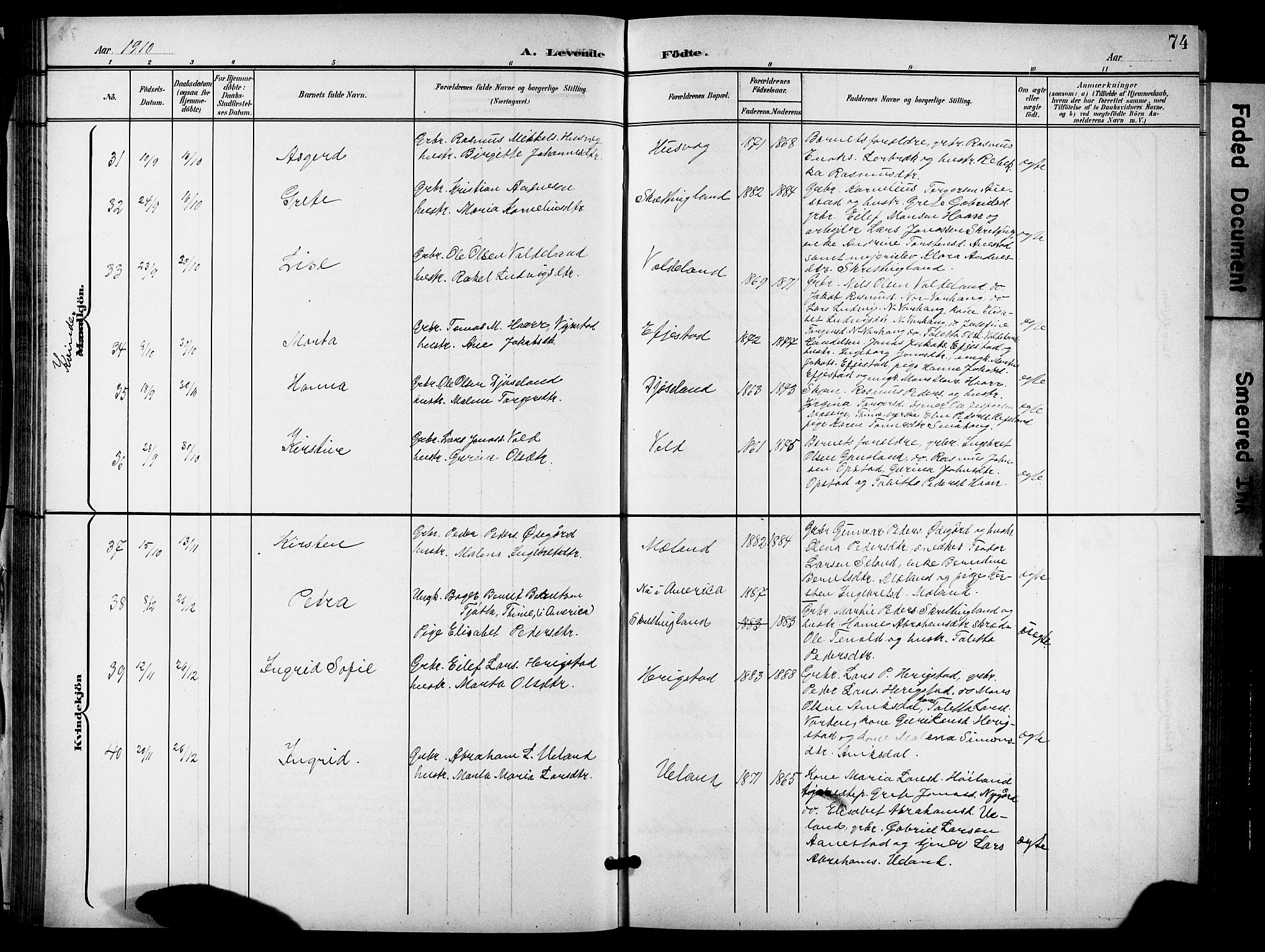 Hå sokneprestkontor, AV/SAST-A-101801/001/30BB/L0006: Parish register (copy) no. B 6, 1900-1924, p. 74