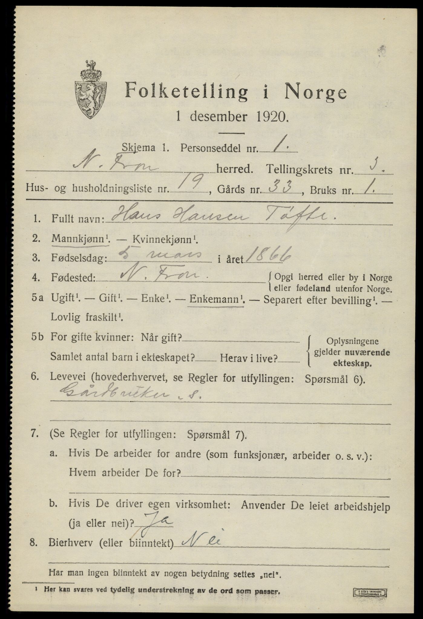 SAH, 1920 census for Nord-Fron, 1920, p. 3282