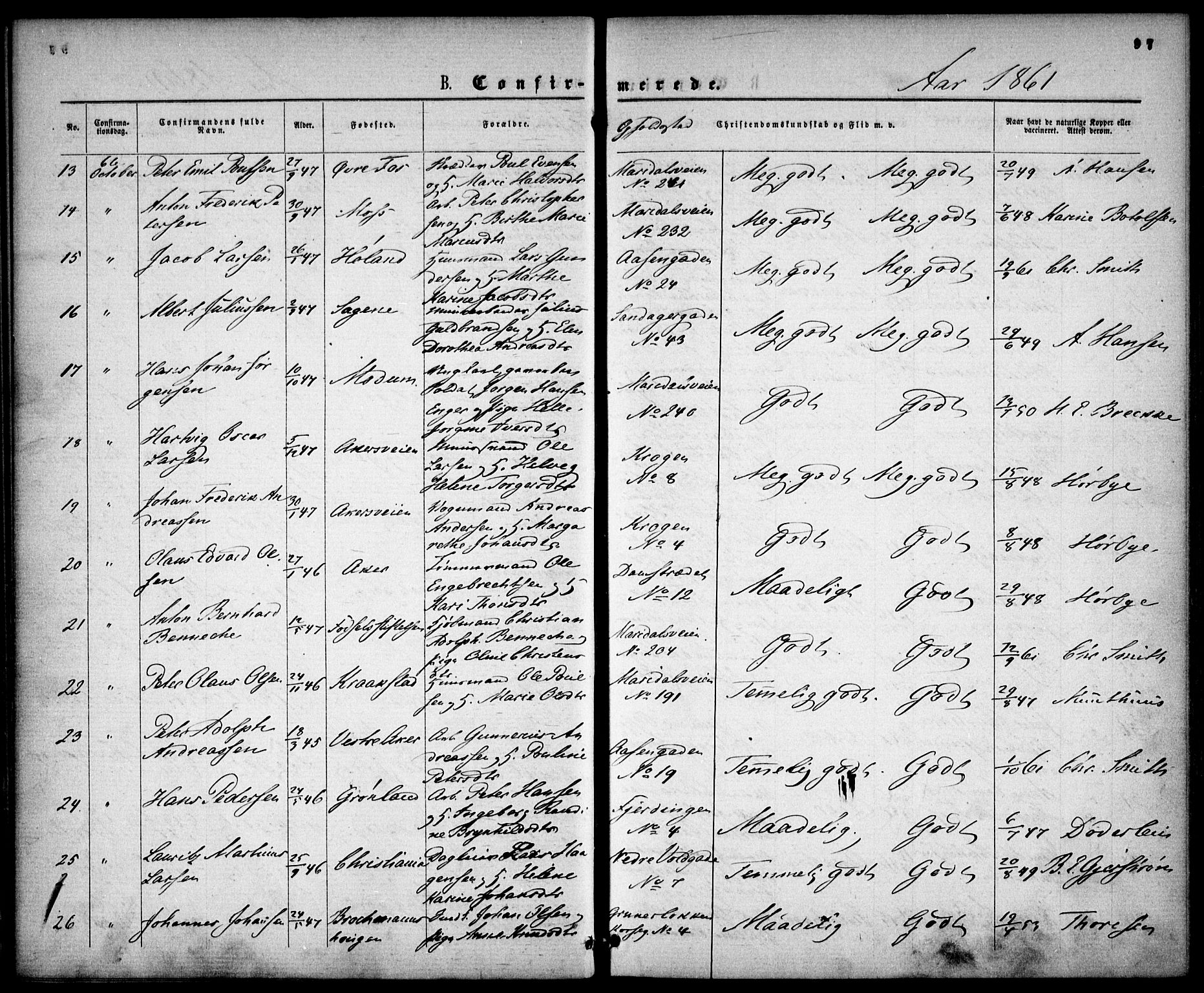 Gamle Aker prestekontor Kirkebøker, SAO/A-10617a/F/L0001: Parish register (official) no. 1, 1861-1865, p. 97