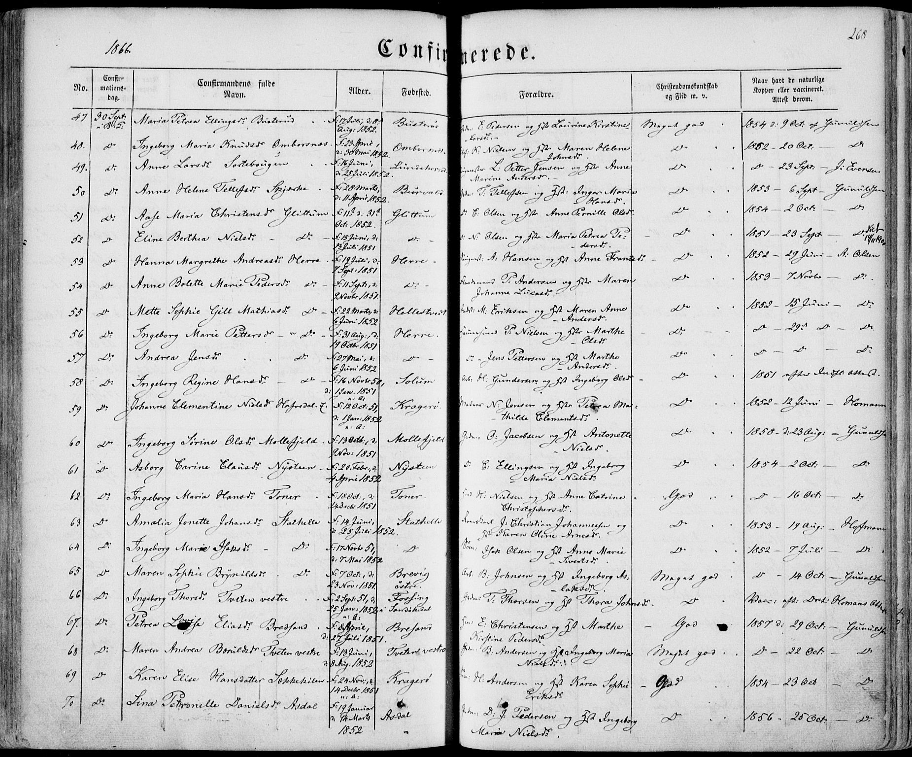 Bamble kirkebøker, SAKO/A-253/F/Fa/L0005: Parish register (official) no. I 5, 1854-1869, p. 268