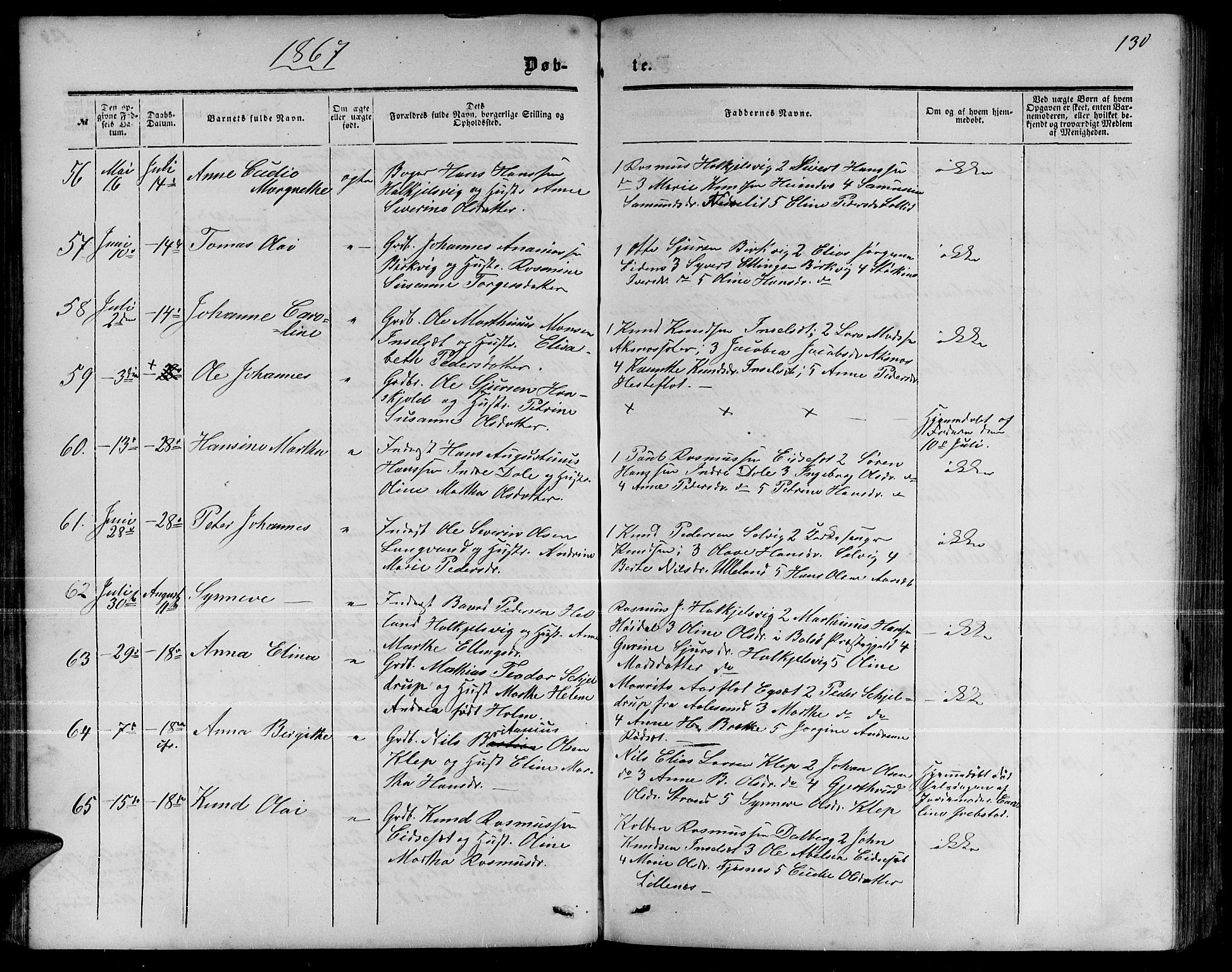 Ministerialprotokoller, klokkerbøker og fødselsregistre - Møre og Romsdal, AV/SAT-A-1454/511/L0157: Parish register (copy) no. 511C03, 1864-1884, p. 130