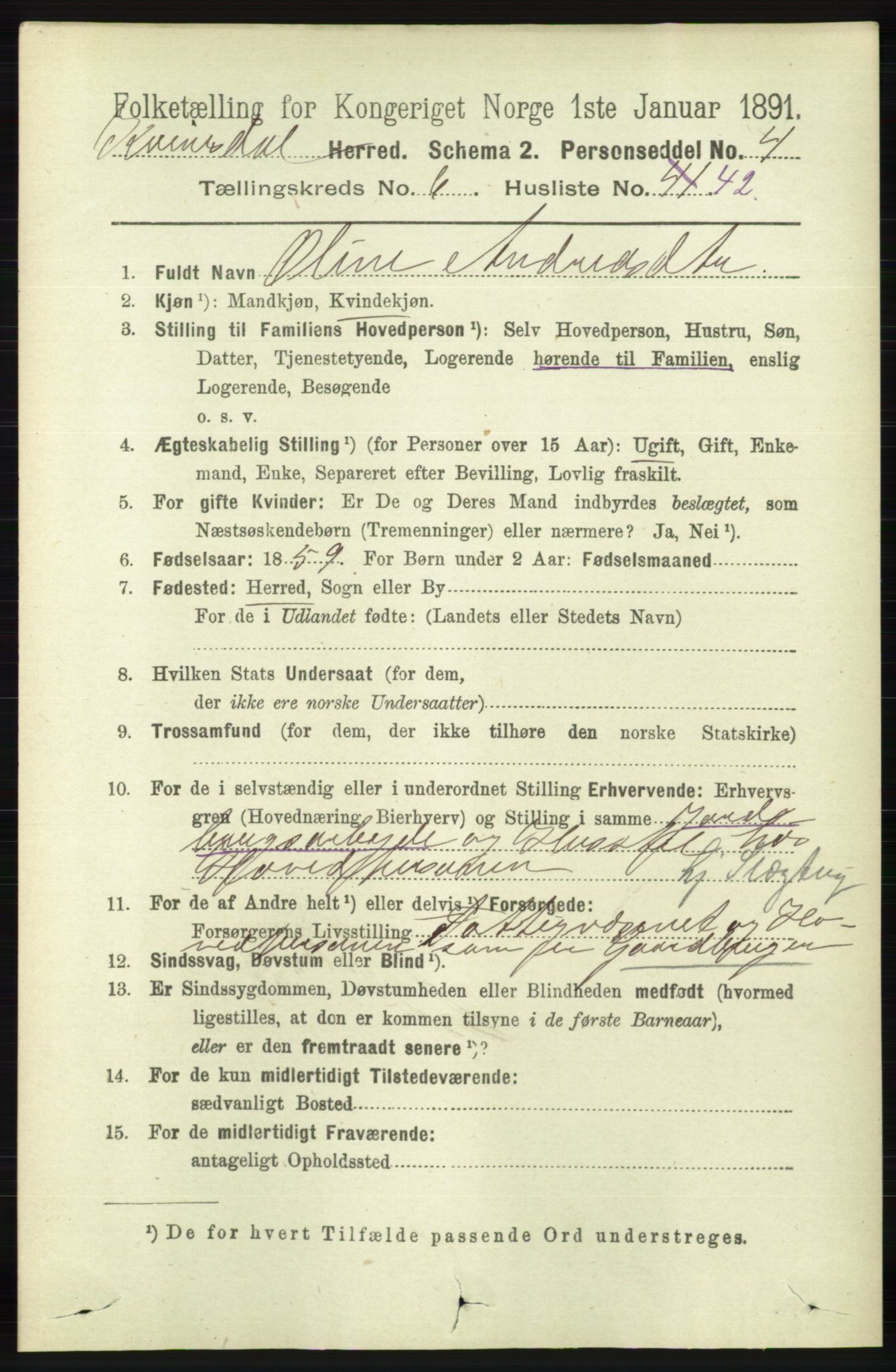 RA, 1891 census for 1037 Kvinesdal, 1891, p. 2335