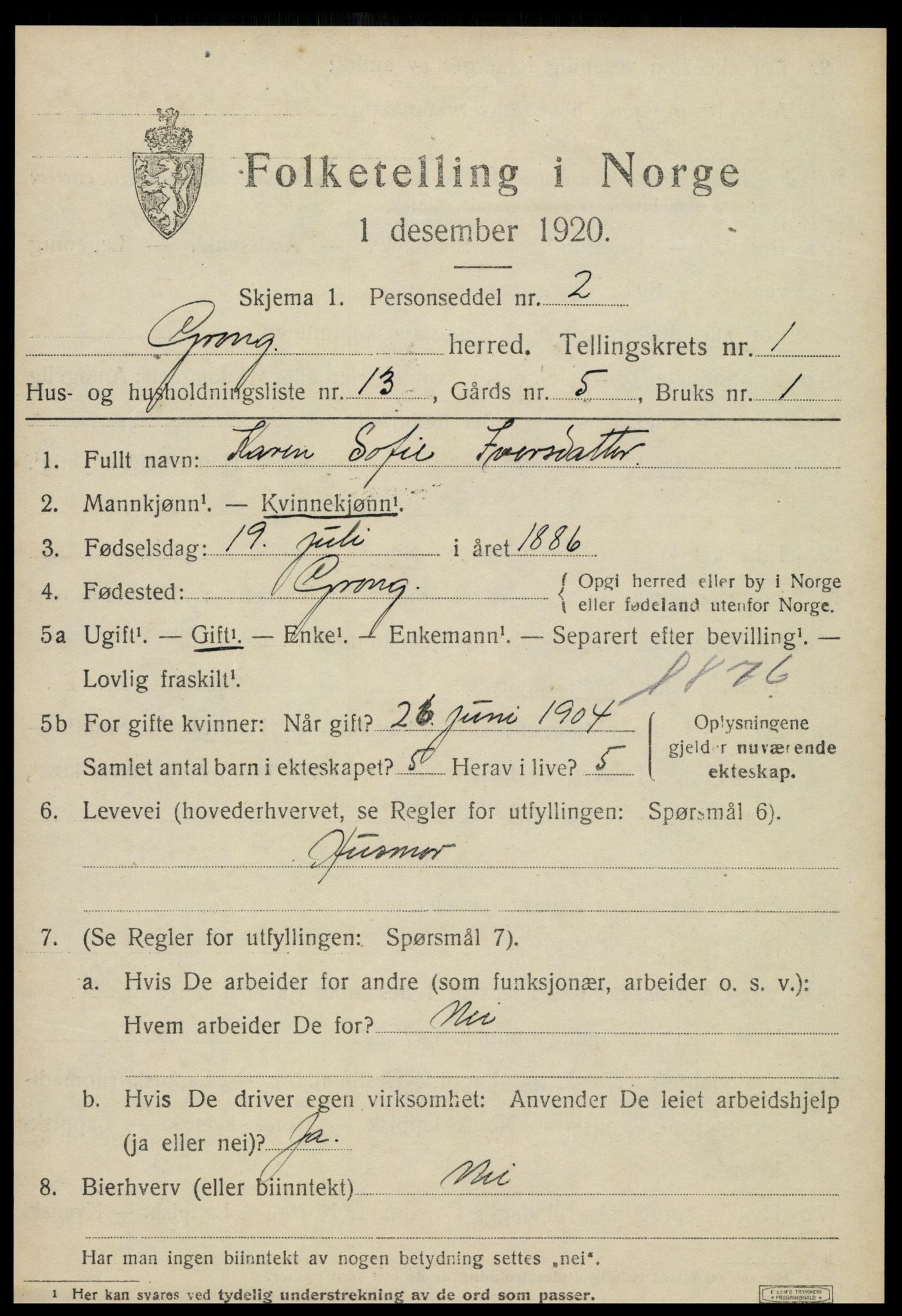 SAT, 1920 census for Grong, 1920, p. 1169