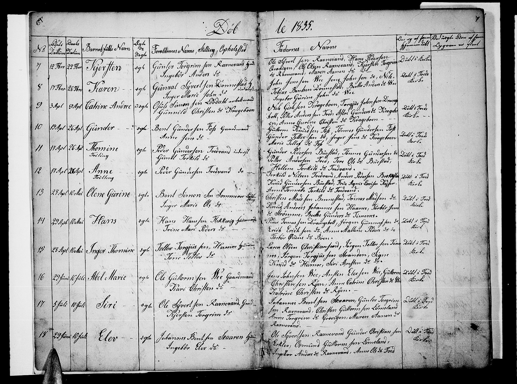 Tveit sokneprestkontor, SAK/1111-0043/F/Fb/L0002: Parish register (copy) no. B 2, 1835-1854, p. 6-7