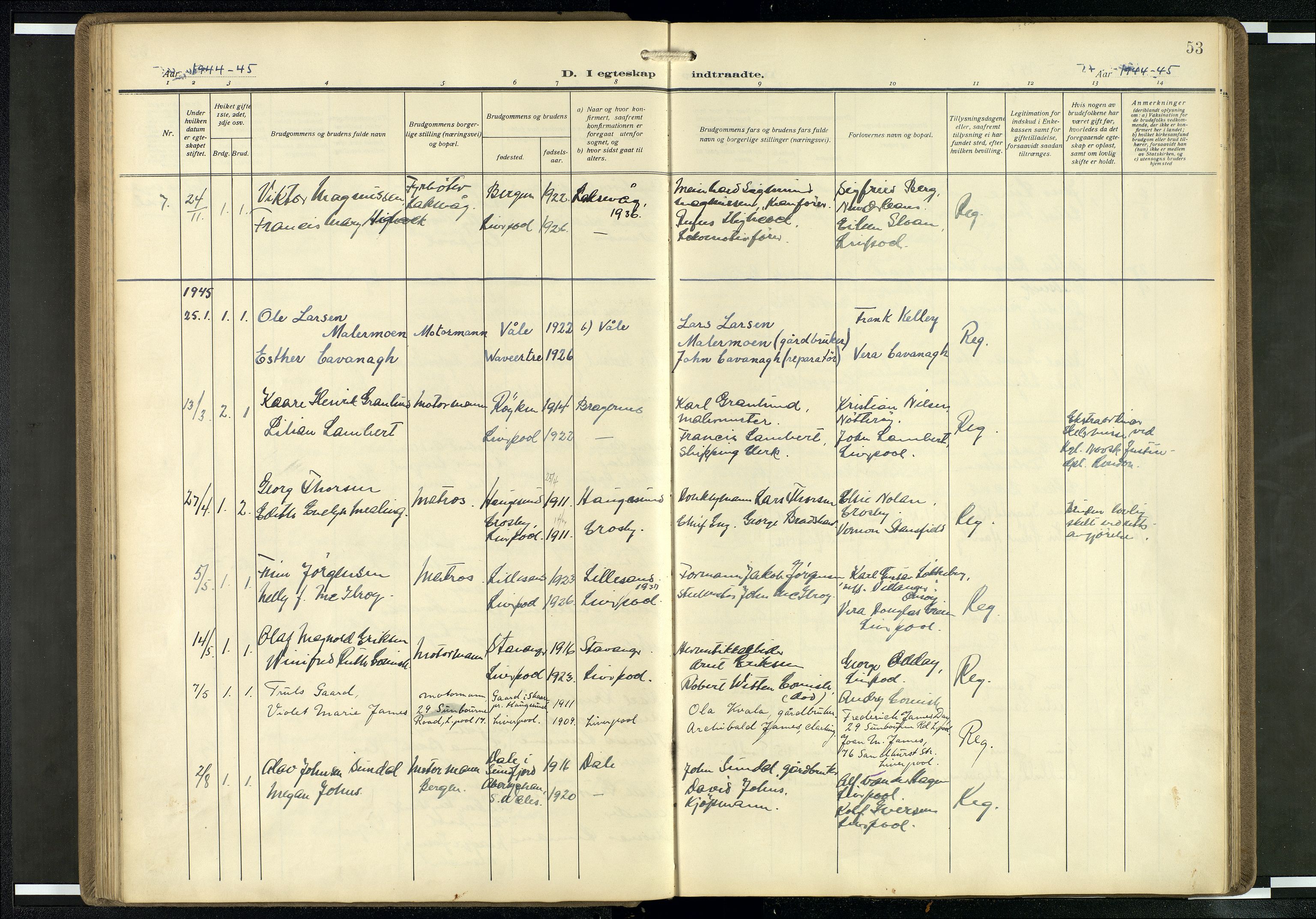 Den norske sjømannsmisjon i utlandet/Mersey-havnene (Liverpool), AV/SAB-SAB/PA-0104/H/Ha/L0001: Parish register (official) no. A 1, 1919-1954, p. 52b-53a