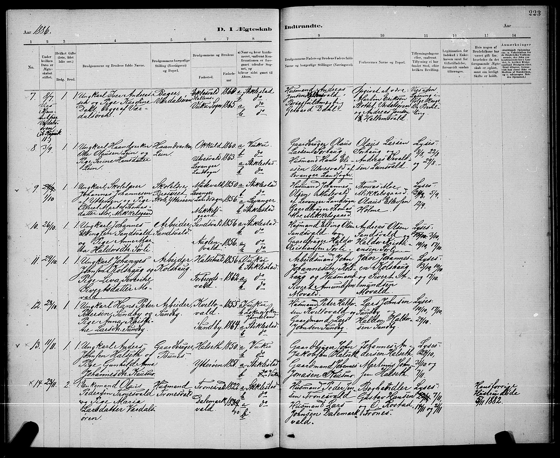 Ministerialprotokoller, klokkerbøker og fødselsregistre - Nord-Trøndelag, AV/SAT-A-1458/723/L0256: Parish register (copy) no. 723C04, 1879-1890, p. 223