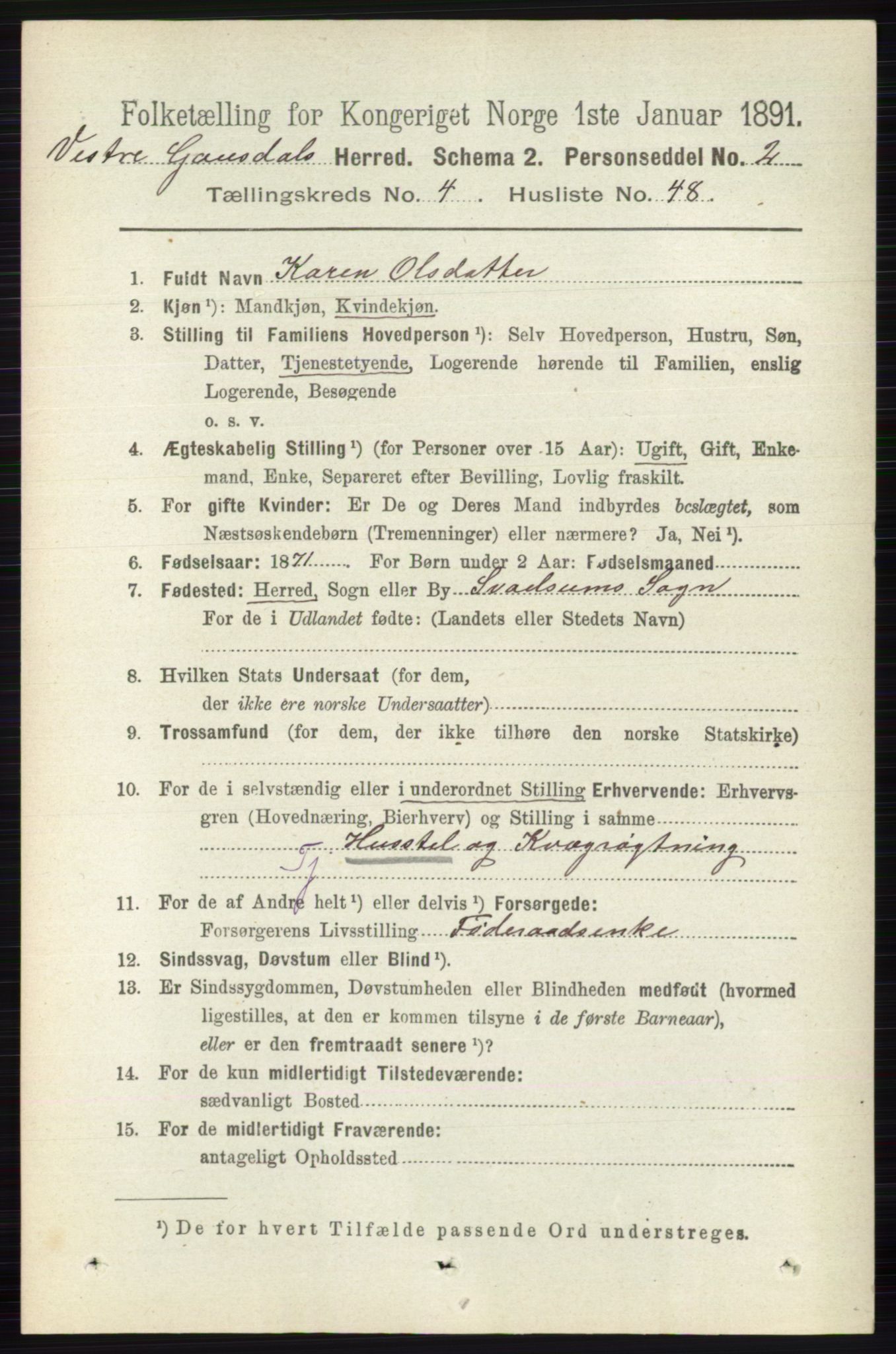 RA, 1891 census for 0523 Vestre Gausdal, 1891, p. 1979