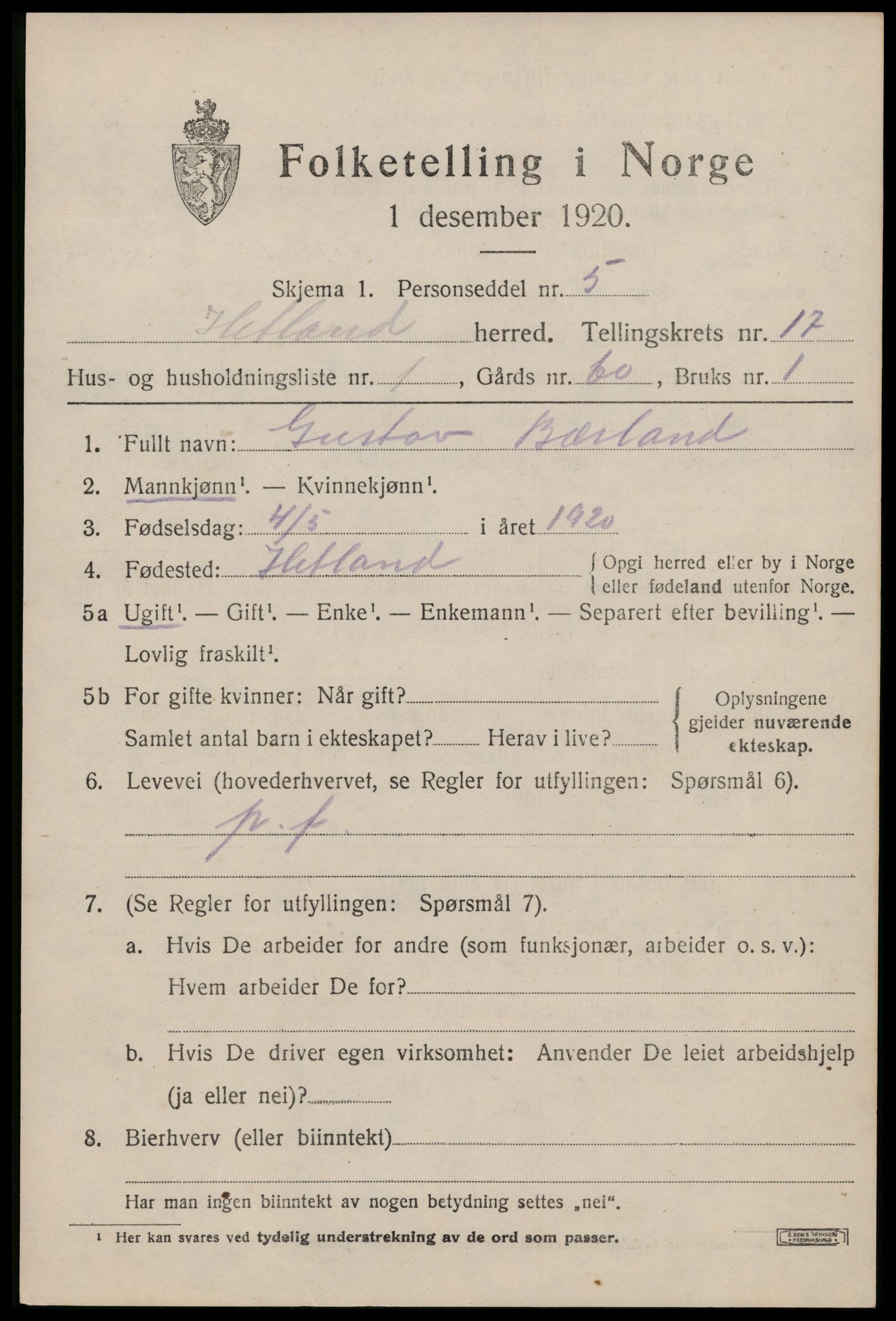 SAST, 1920 census for Hetland, 1920, p. 24547