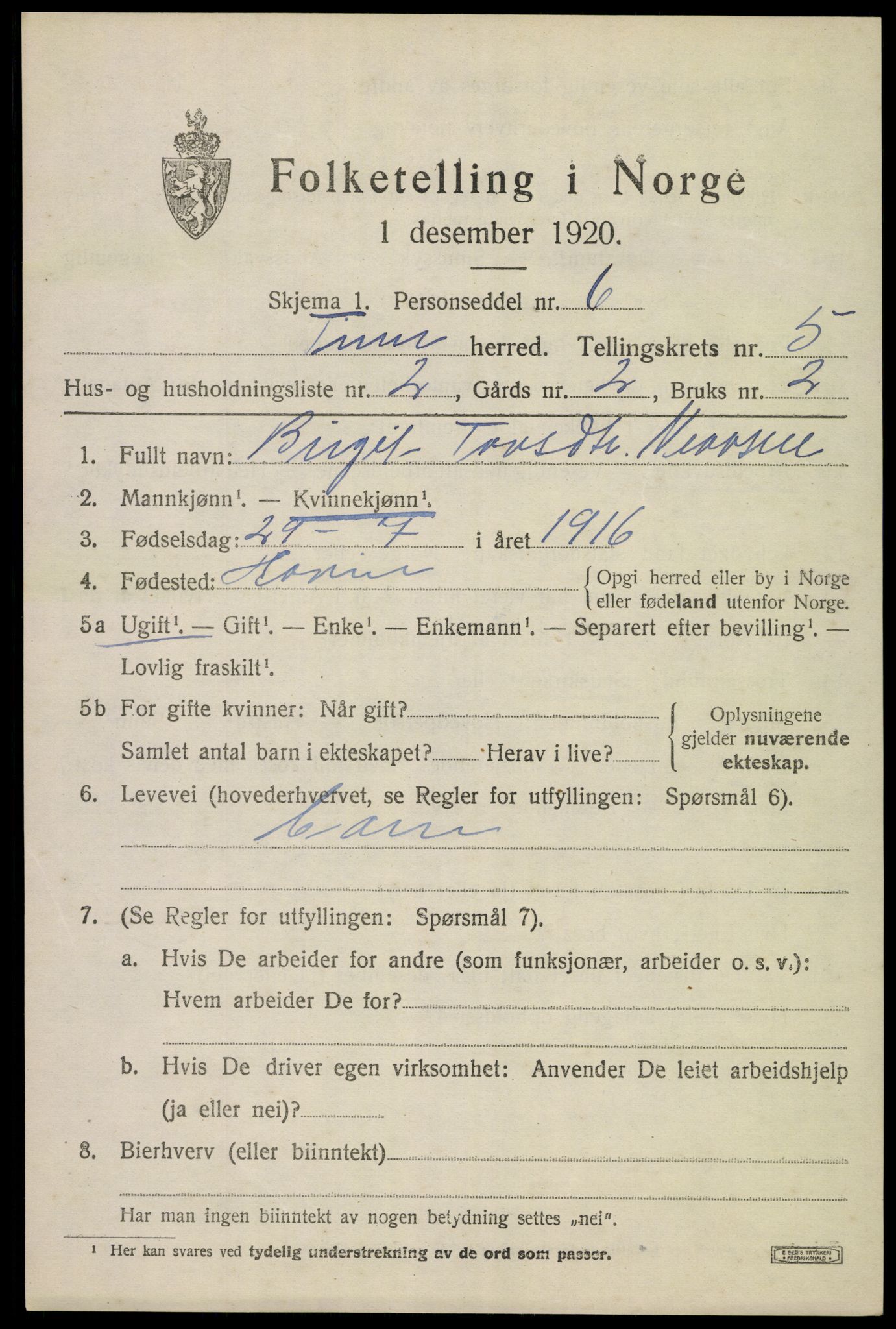 SAKO, 1920 census for Tinn, 1920, p. 4474