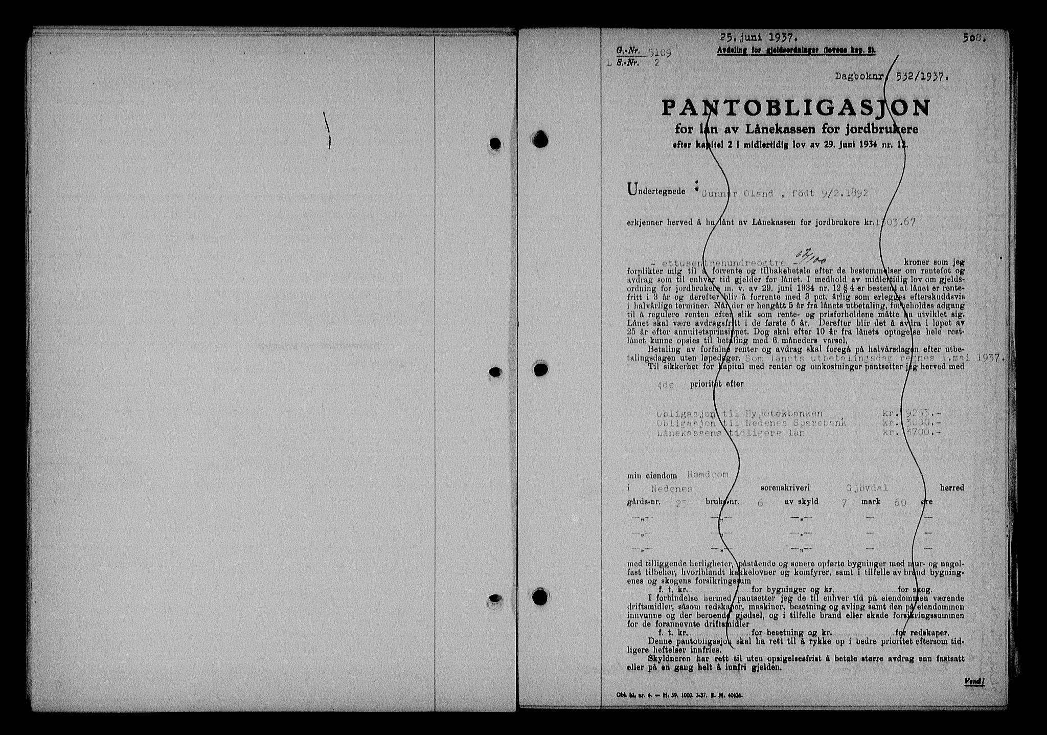 Nedenes sorenskriveri, SAK/1221-0006/G/Gb/Gba/L0043: Mortgage book no. 39, 1936-1937, Diary no: : 532/1937