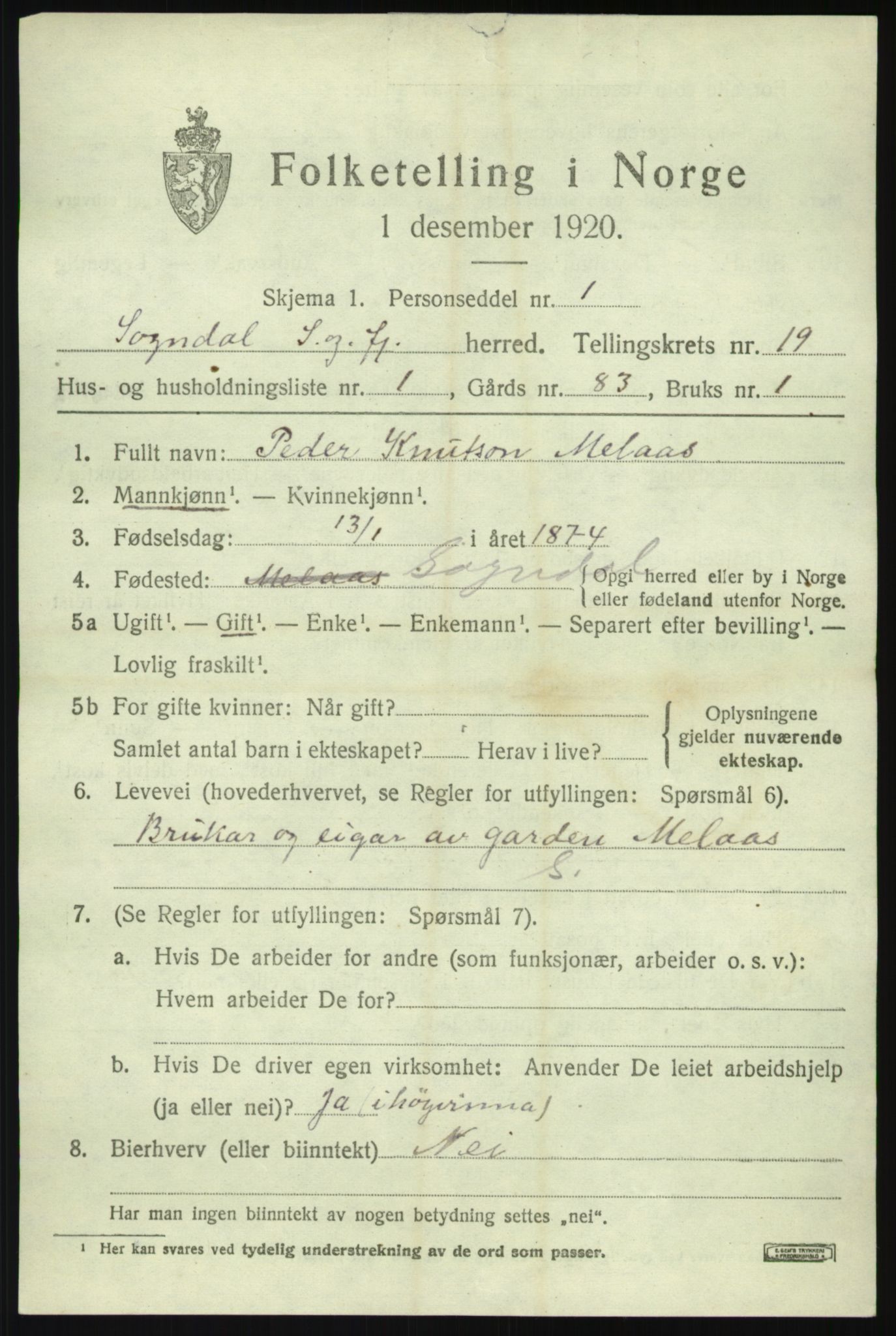 SAB, 1920 census for Sogndal, 1920, p. 7073