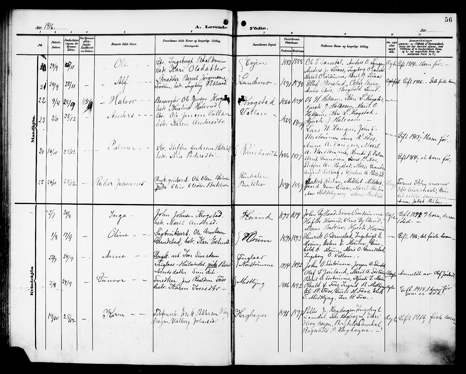 Ministerialprotokoller, klokkerbøker og fødselsregistre - Sør-Trøndelag, AV/SAT-A-1456/692/L1112: Parish register (copy) no. 692C07, 1904-1918, p. 56