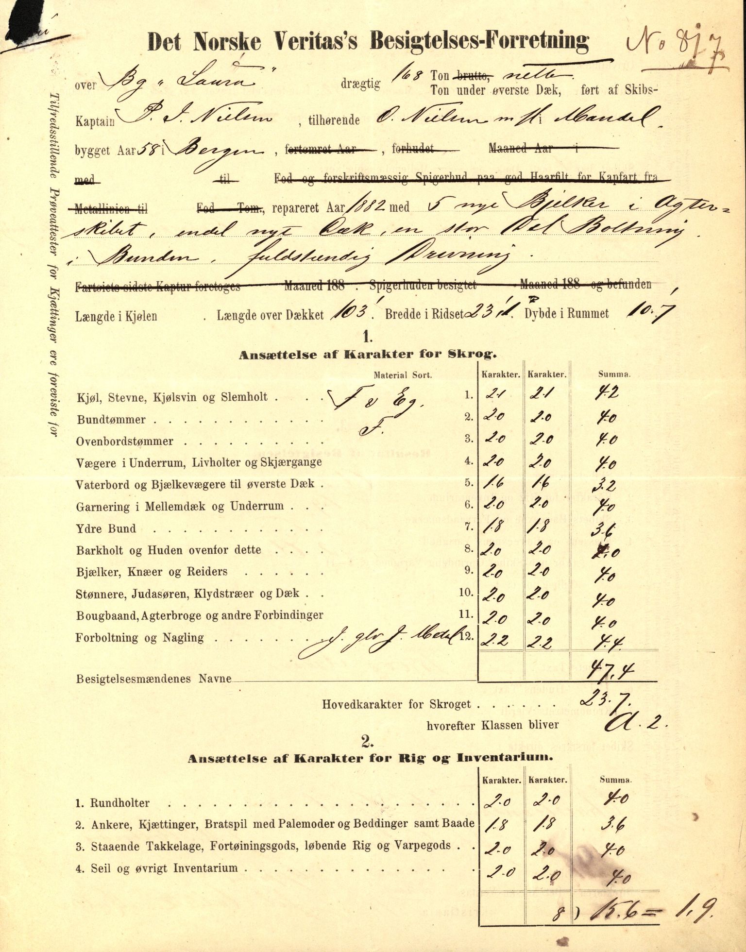 Pa 63 - Østlandske skibsassuranceforening, VEMU/A-1079/G/Ga/L0015/0001: Havaridokumenter / Borrestad, BertHA Rød, Lainetar, Laura, 1882, p. 63