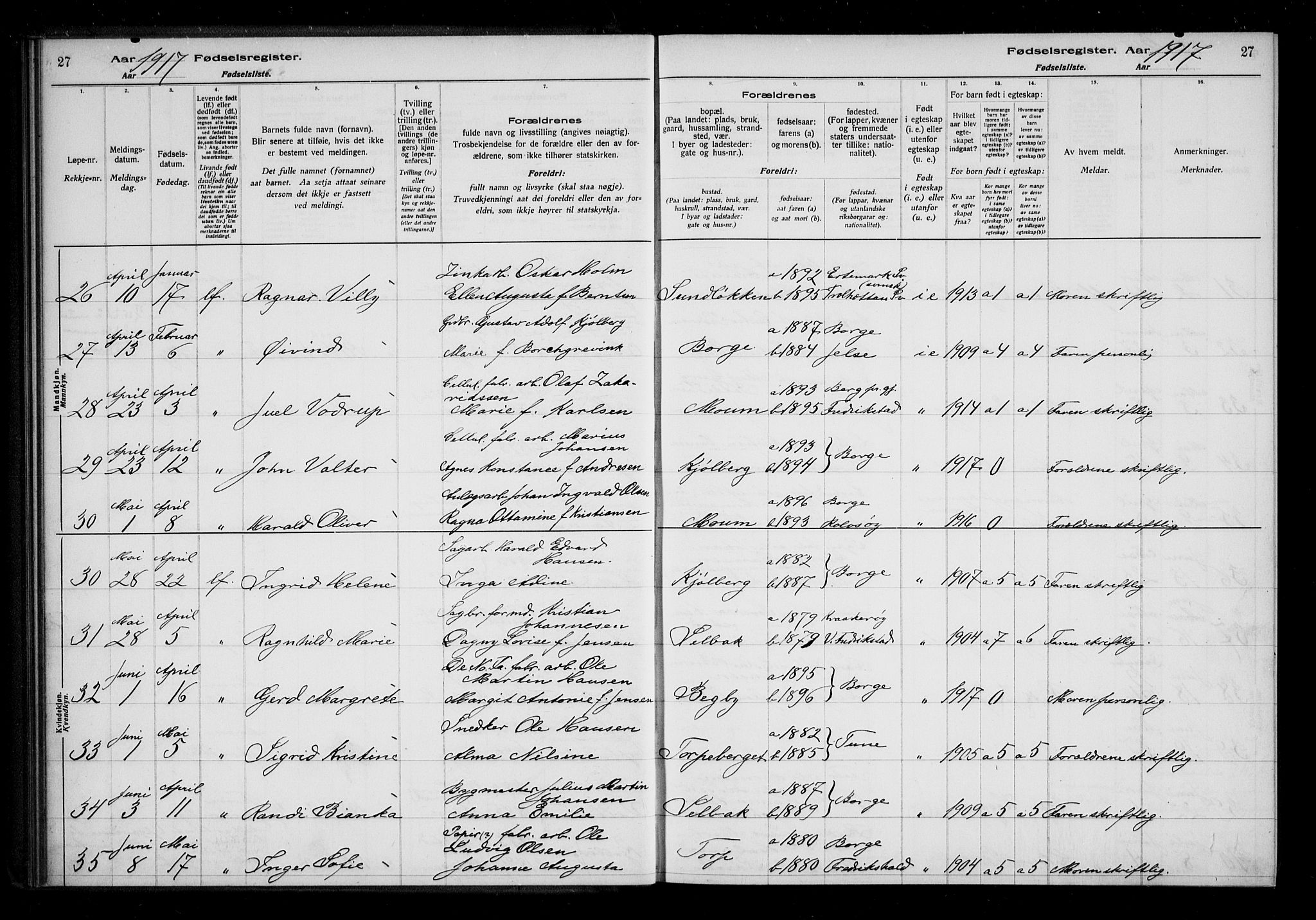 Borge prestekontor Kirkebøker, AV/SAO-A-10903/J/Ja/L0001: Birth register no. I 1, 1916-1925, p. 27