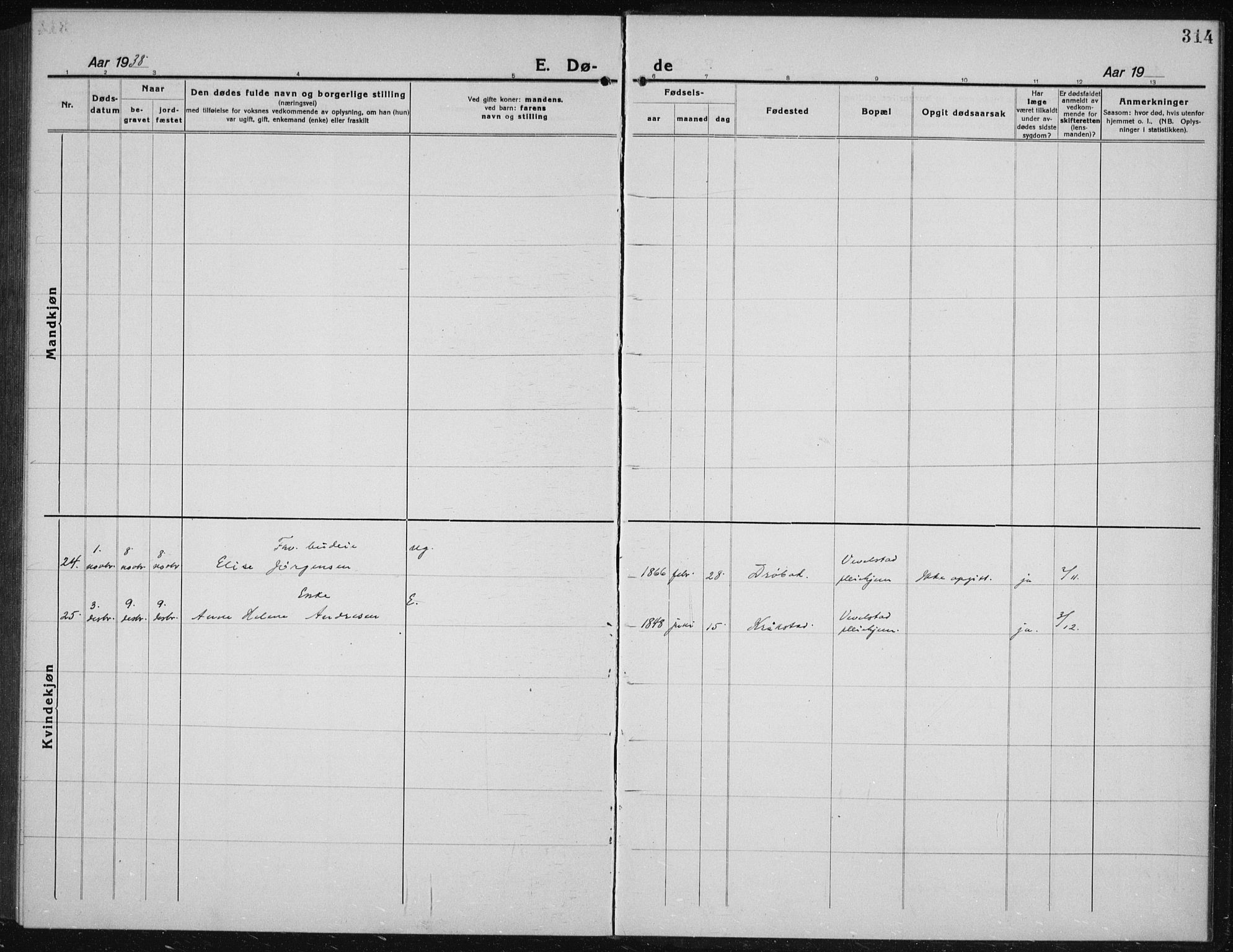 Kråkstad prestekontor Kirkebøker, SAO/A-10125a/G/Gb/L0002: Parish register (copy) no. II 2, 1921-1941, p. 314