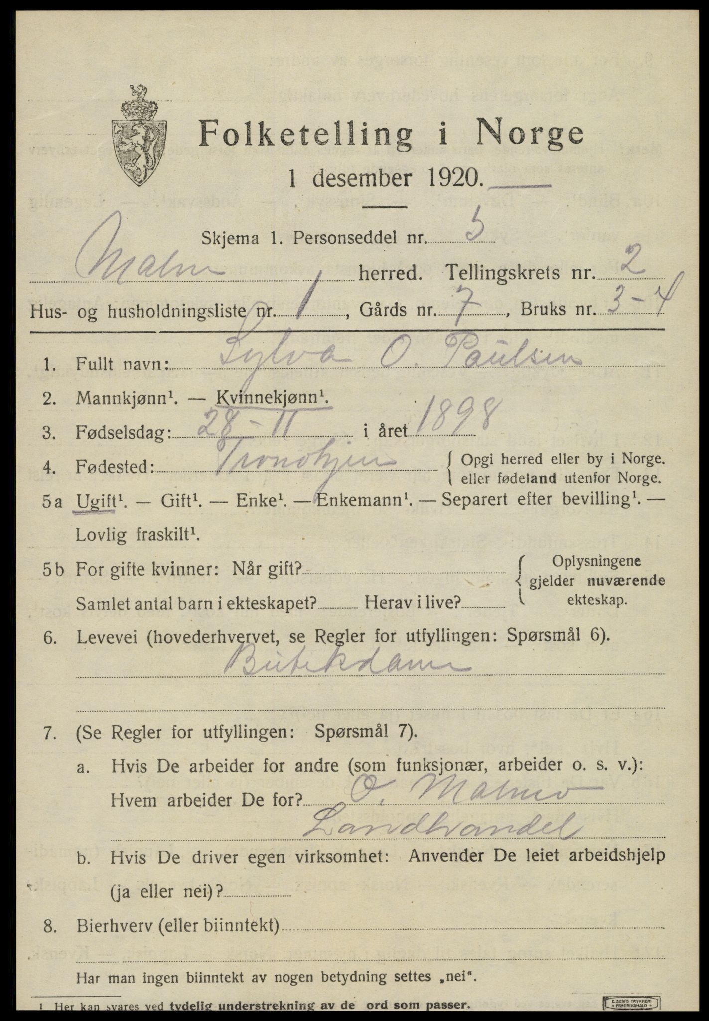 SAT, 1920 census for Malm, 1920, p. 957