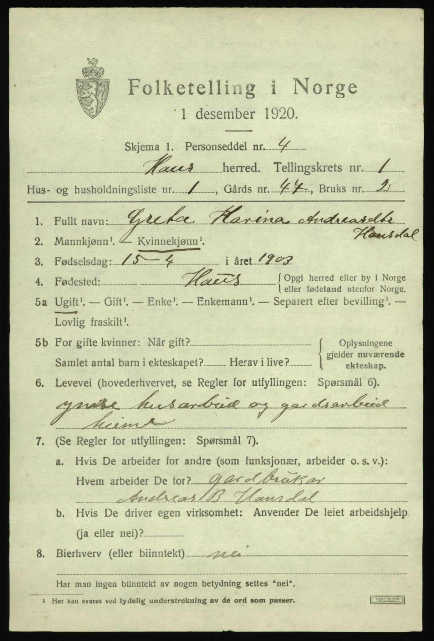 SAB, 1920 census for Haus, 1920, p. 1703