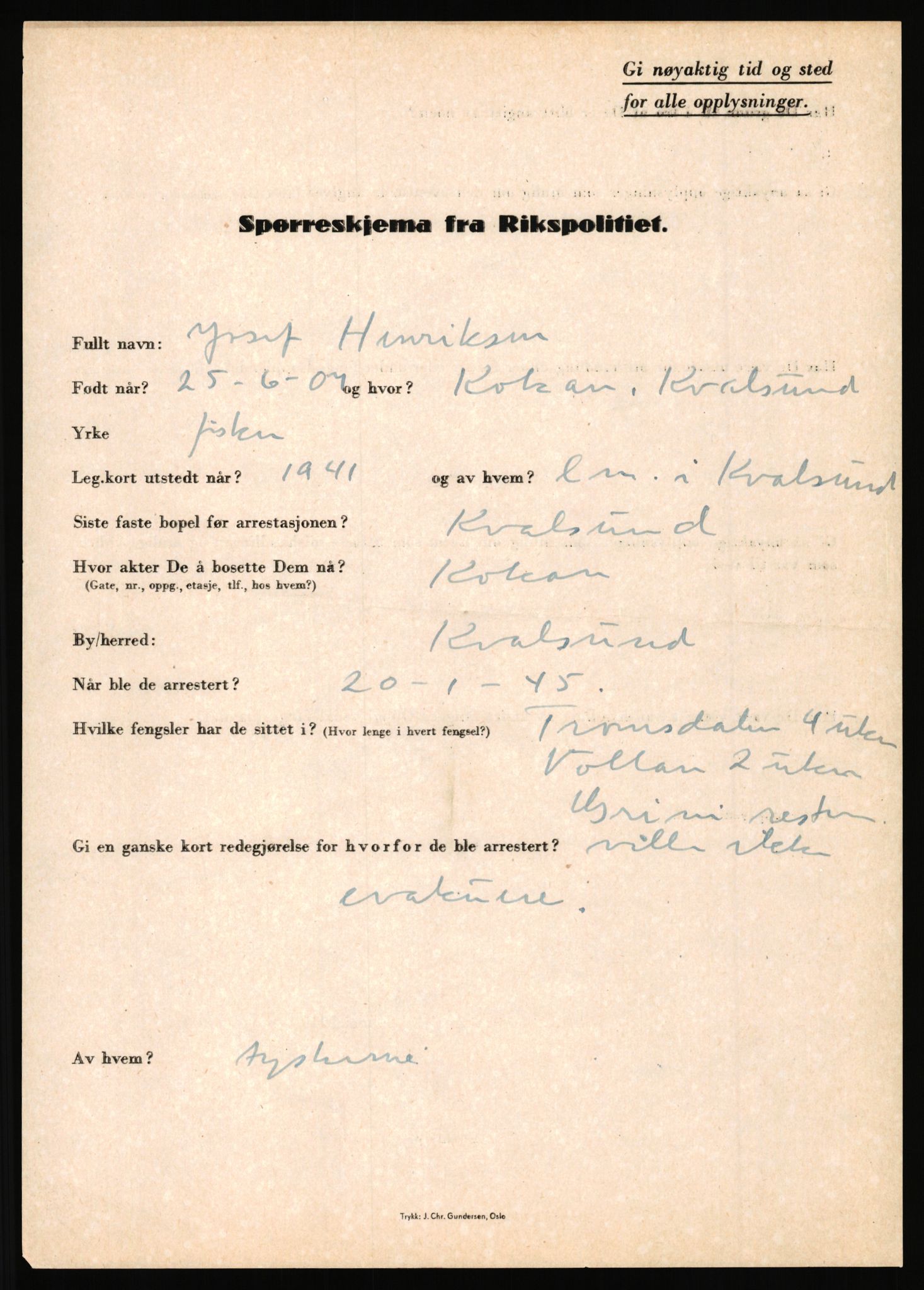 Rikspolitisjefen, AV/RA-S-1560/L/L0007: Heen, Erik C. - Iversen, Trygve, 1940-1945, p. 77