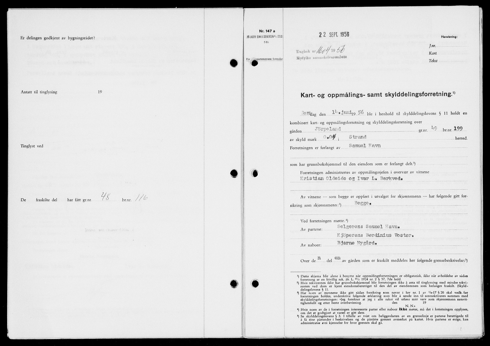 Ryfylke tingrett, SAST/A-100055/001/II/IIB/L0134: Mortgage book no. 113, 1956-1956, Diary no: : 1604/1956