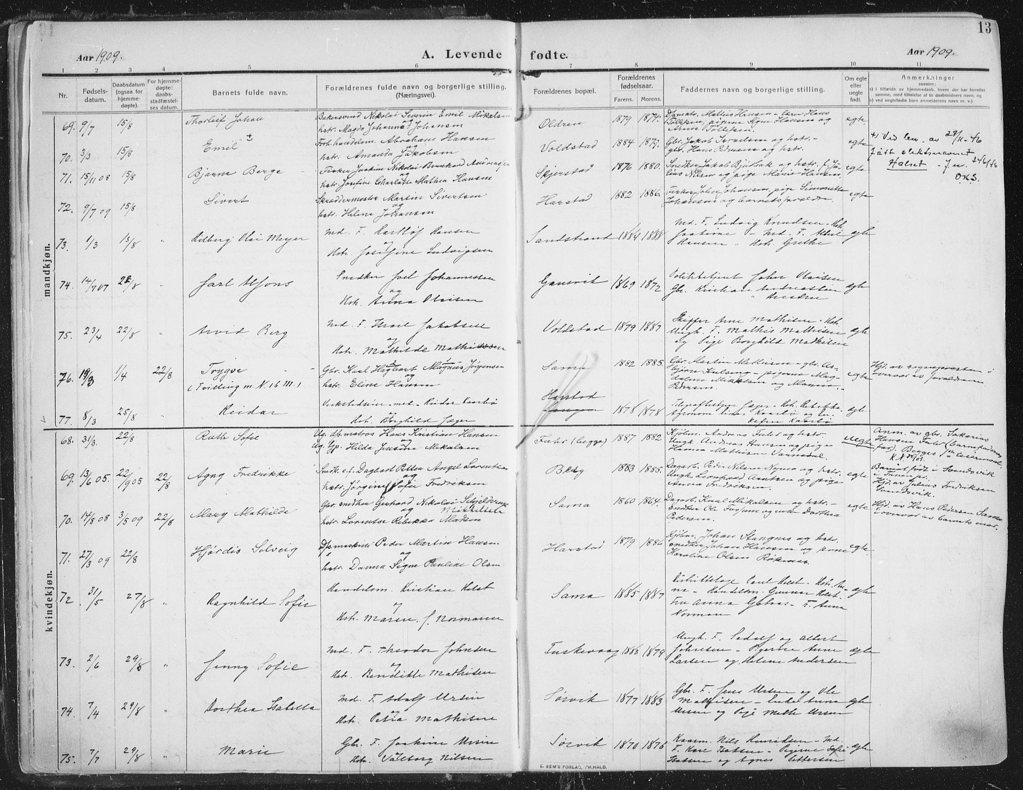 Trondenes sokneprestkontor, SATØ/S-1319/H/Ha/L0018kirke: Parish register (official) no. 18, 1909-1918, p. 13