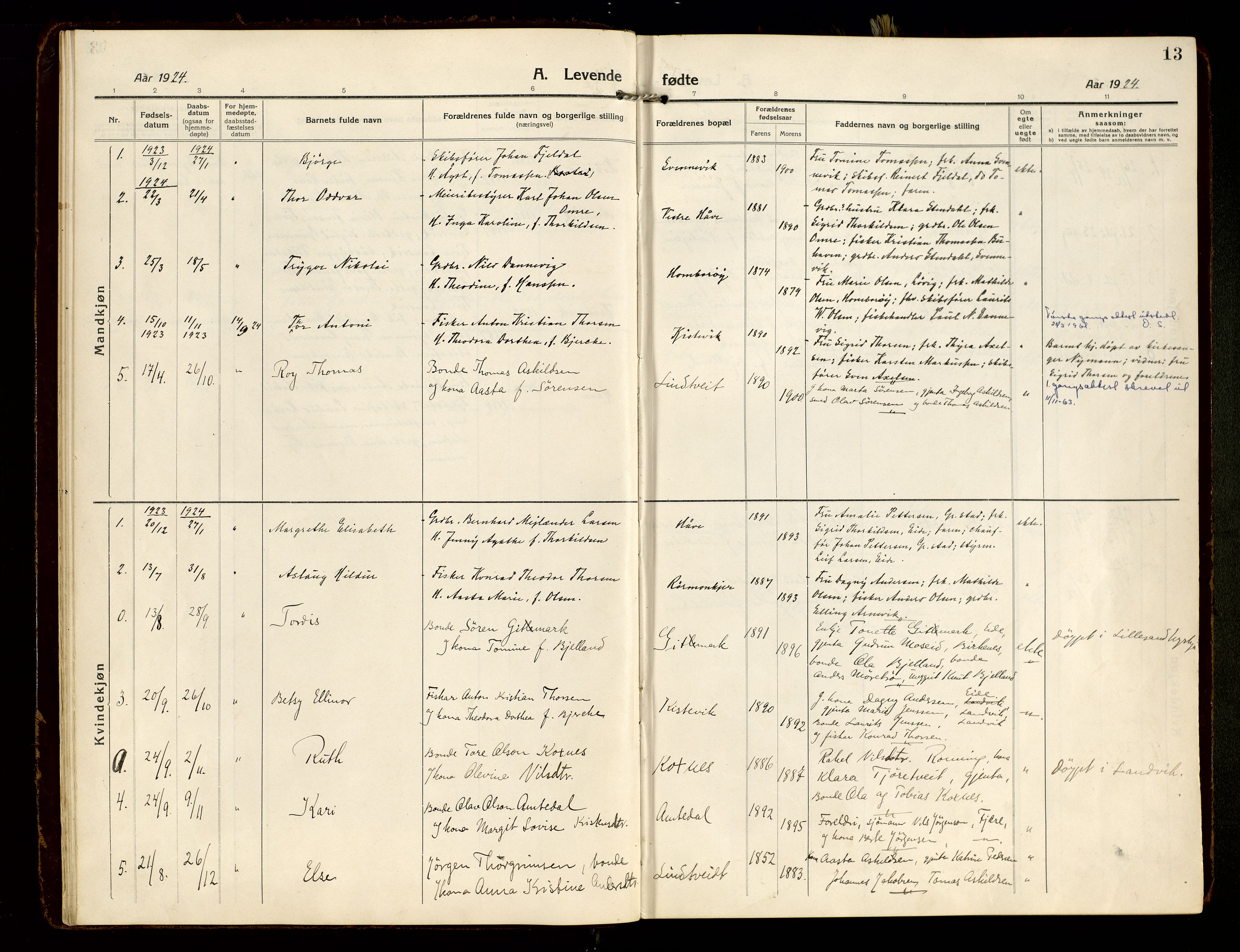 Hommedal sokneprestkontor, SAK/1111-0023/F/Fa/Faa/L0004: Parish register (official) no. A 4, 1916-1945, p. 13