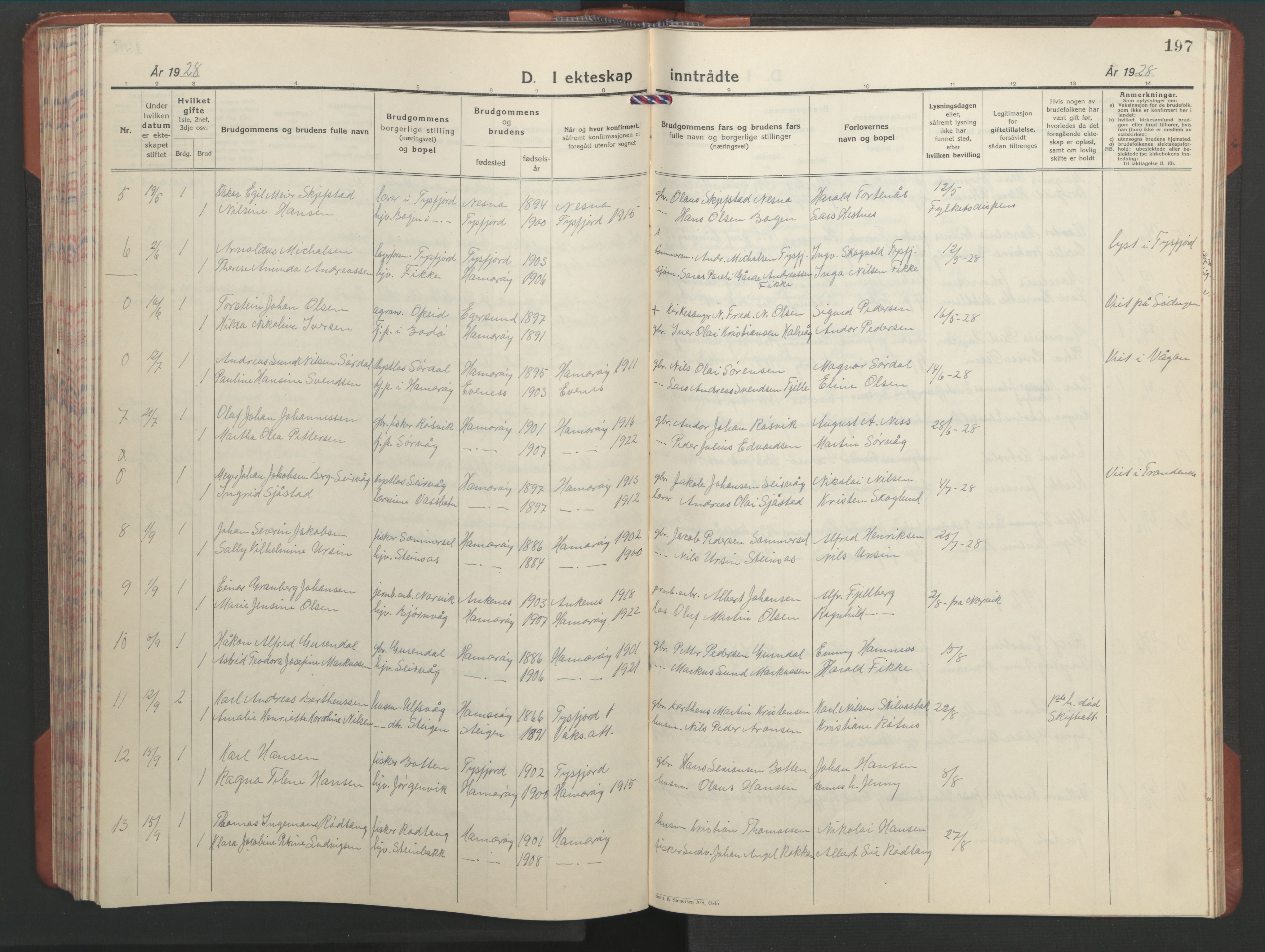 Ministerialprotokoller, klokkerbøker og fødselsregistre - Nordland, AV/SAT-A-1459/859/L0862: Parish register (copy) no. 859C08, 1925-1936, p. 197