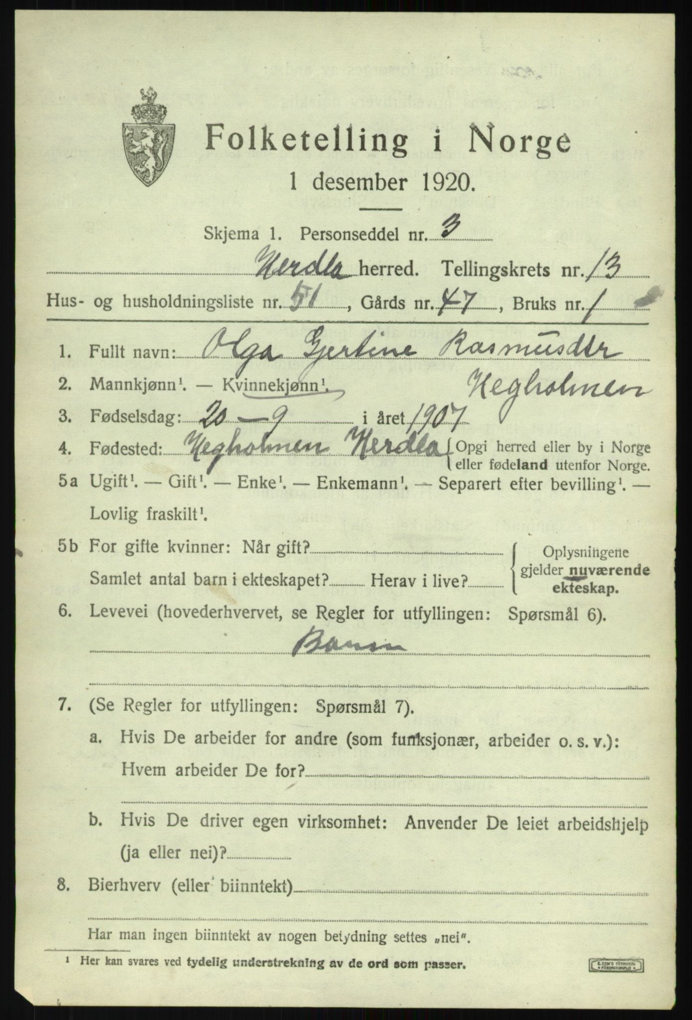 SAB, 1920 census for Herdla, 1920, p. 9675