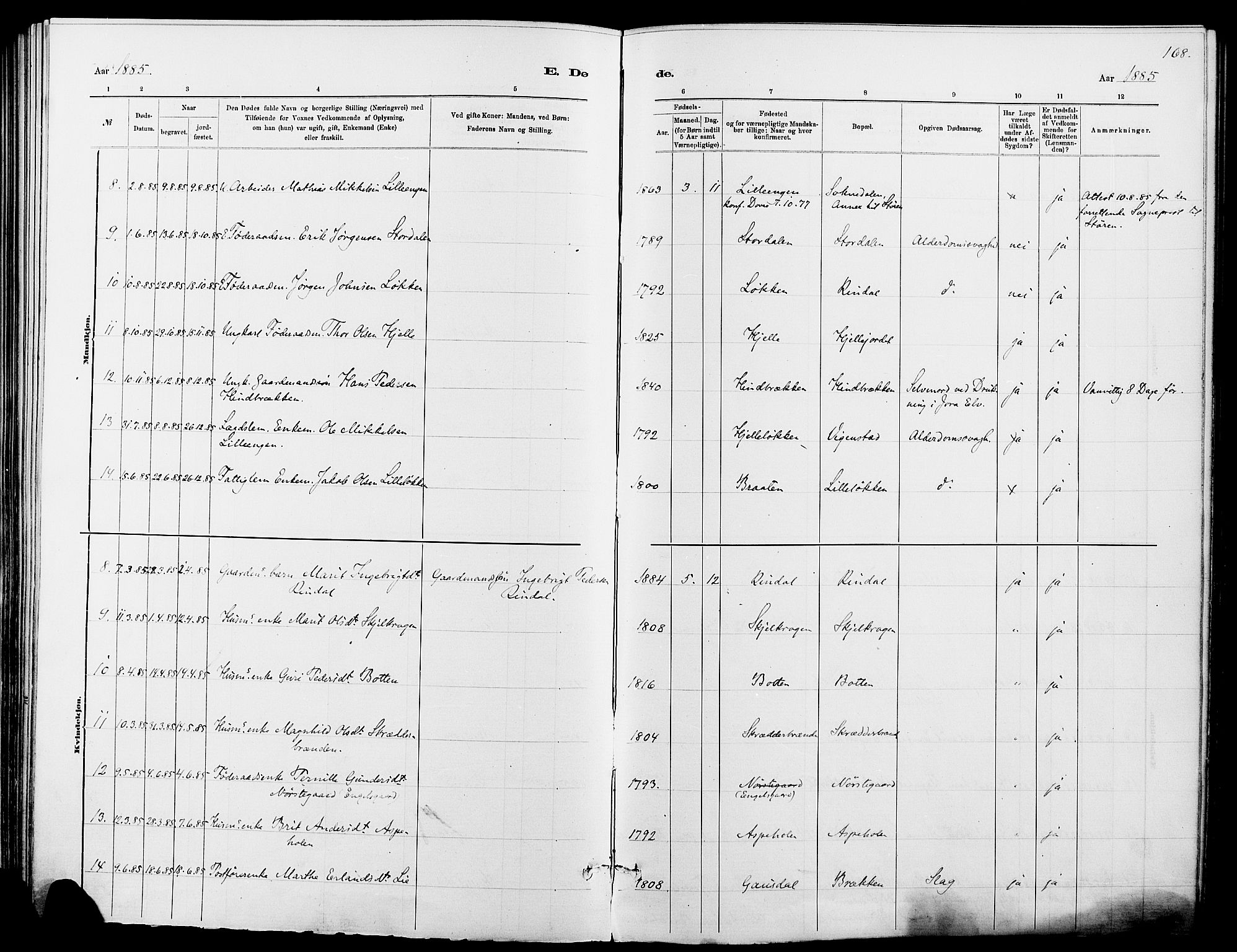 Dovre prestekontor, AV/SAH-PREST-066/H/Ha/Haa/L0002: Parish register (official) no. 2, 1879-1890, p. 168