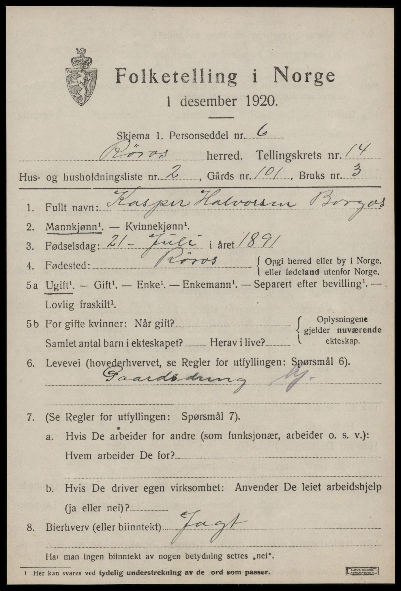 SAT, 1920 census for Røros, 1920, p. 9688