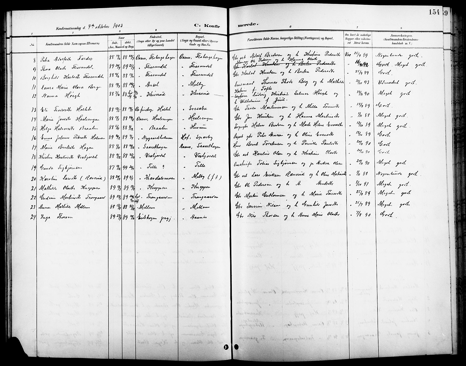 Åsnes prestekontor, SAH/PREST-042/H/Ha/Hab/L0004: Parish register (copy) no. 4, 1895-1909, p. 154