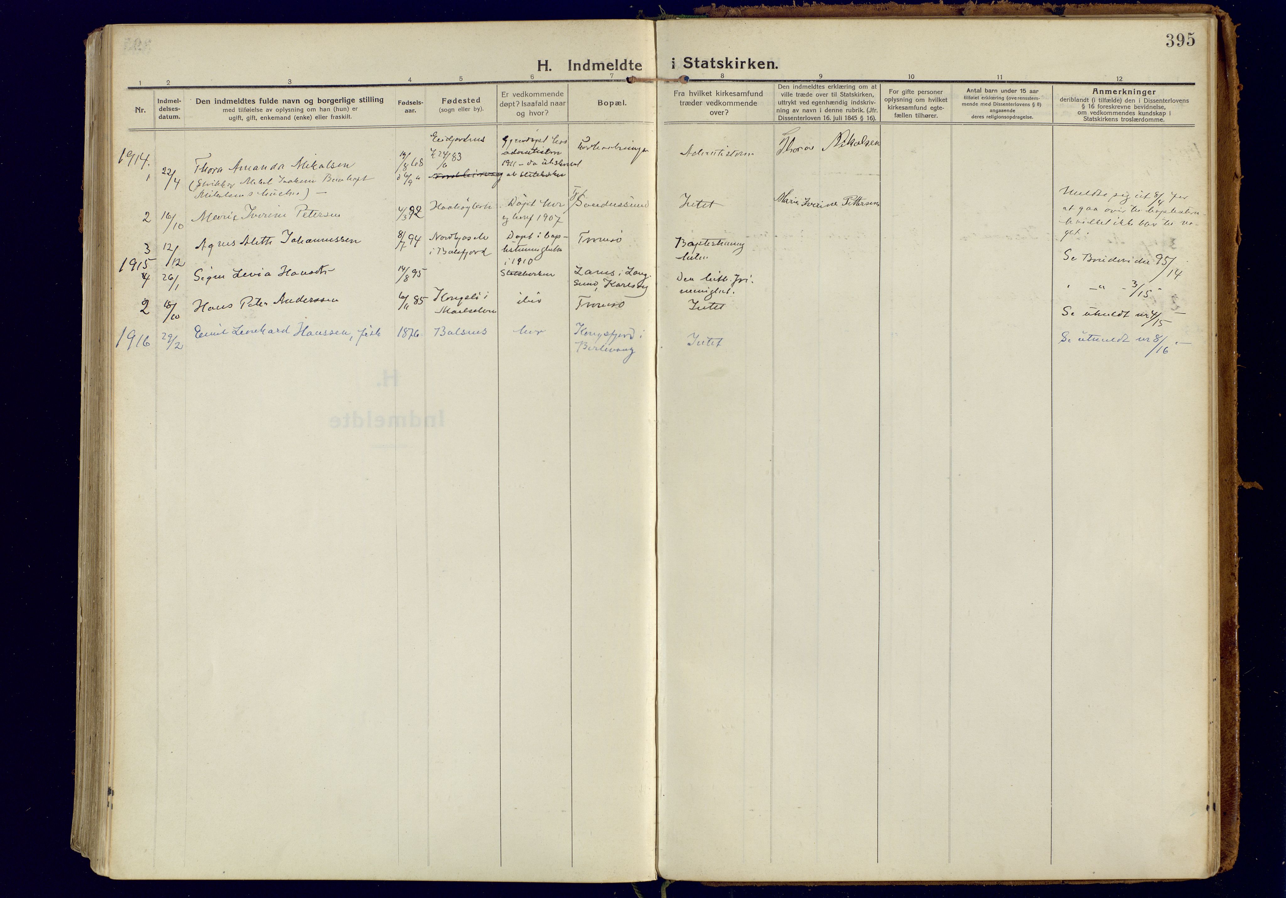 Tromsøysund sokneprestkontor, AV/SATØ-S-1304/G/Ga/L0008kirke: Parish register (official) no. 8, 1914-1922, p. 395