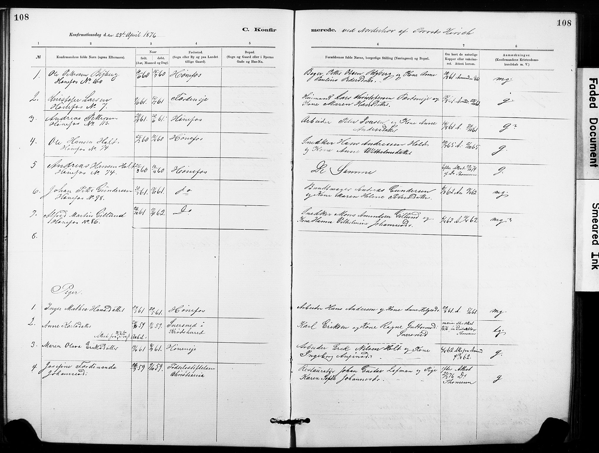 Hønefoss kirkebøker, SAKO/A-609/G/Ga/L0001: Parish register (copy) no. 1, 1870-1887, p. 108
