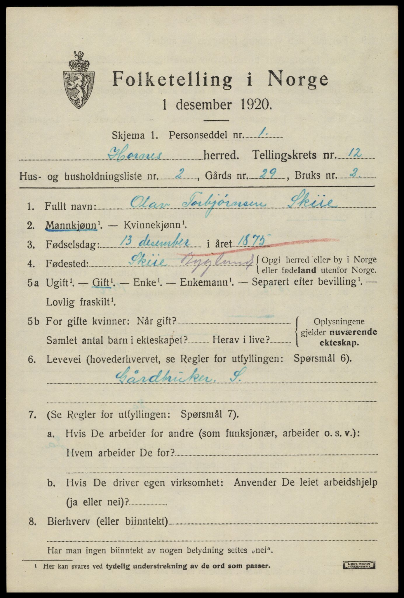 SAK, 1920 census for Hornnes, 1920, p. 2887