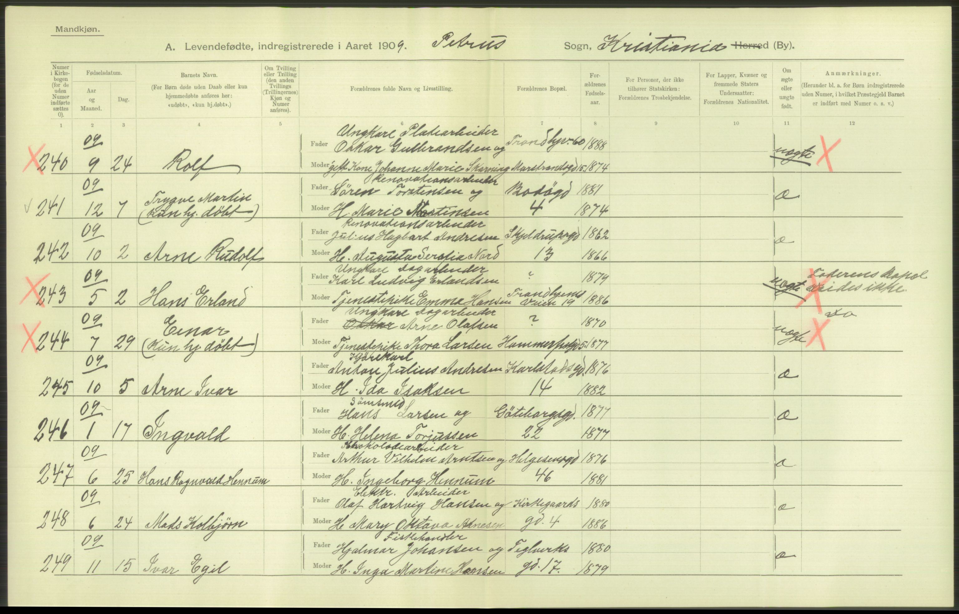 Statistisk sentralbyrå, Sosiodemografiske emner, Befolkning, RA/S-2228/D/Df/Dfa/Dfag/L0007: Kristiania: Levendefødte menn og kvinner., 1909, p. 164