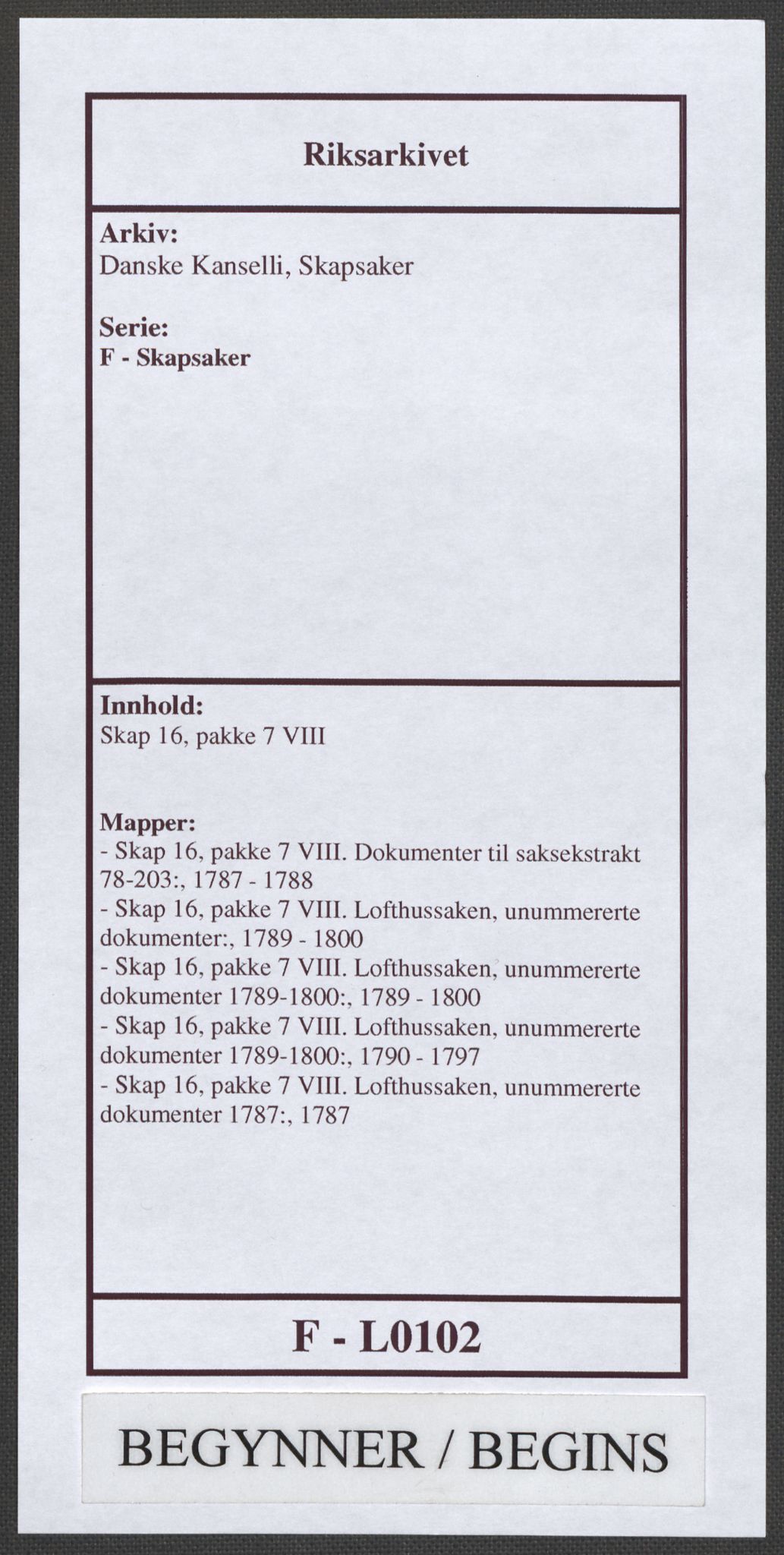 Danske Kanselli, Skapsaker, RA/EA-4061/F/L0102: Skap 16, pakke 7 VIII, 1787-1800, p. 1