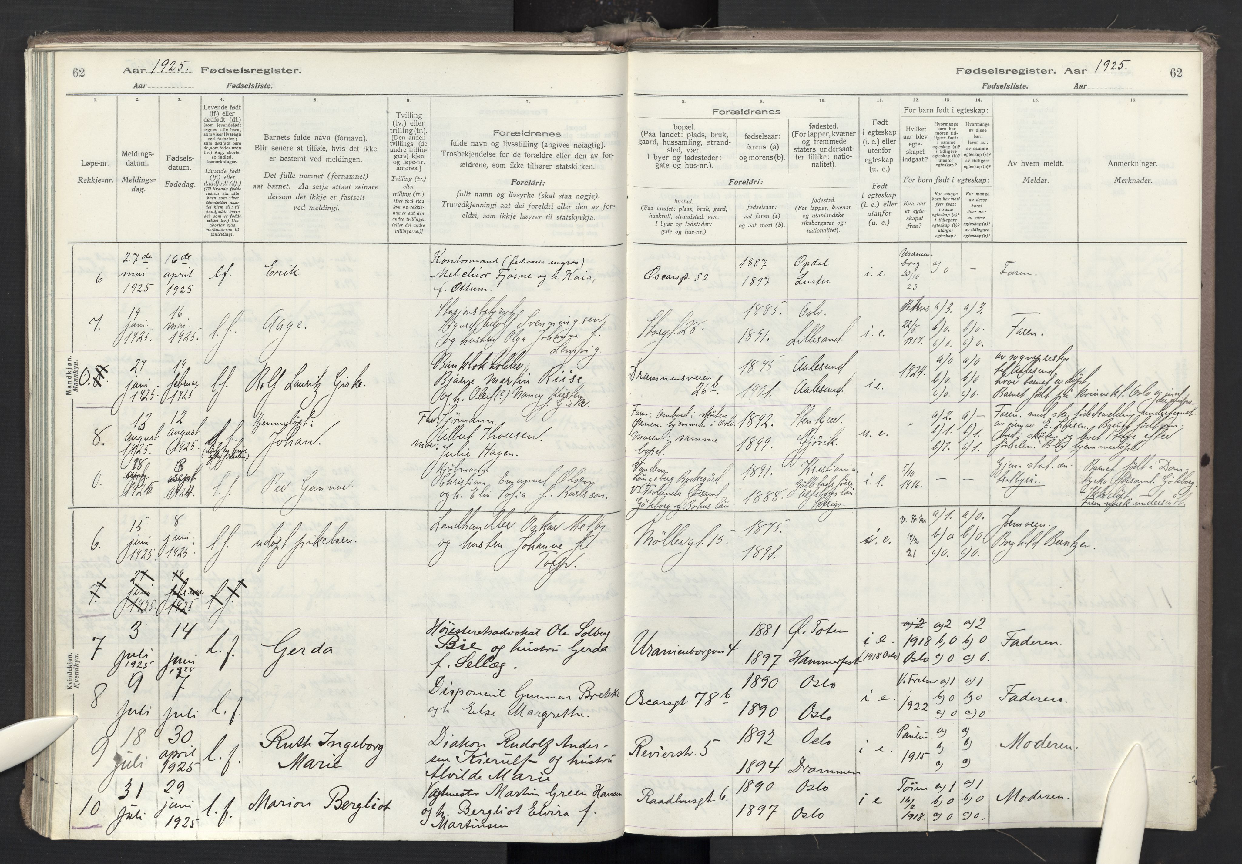 Oslo domkirke Kirkebøker, AV/SAO-A-10752/J/Ja/L0001: Birth register no. 1, 1916-1941, p. 62